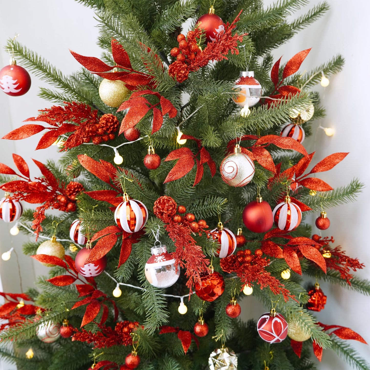 Winlyn 24 Pcs Christmas Artificial Leaf Sprays Pine Needles Pinecone Berries Stems Red Glittered Christmas Decoration Picks 12.2"- 14.2" Tall for Red Christmas Tree Wreaths Seasonal Floral Arrangement