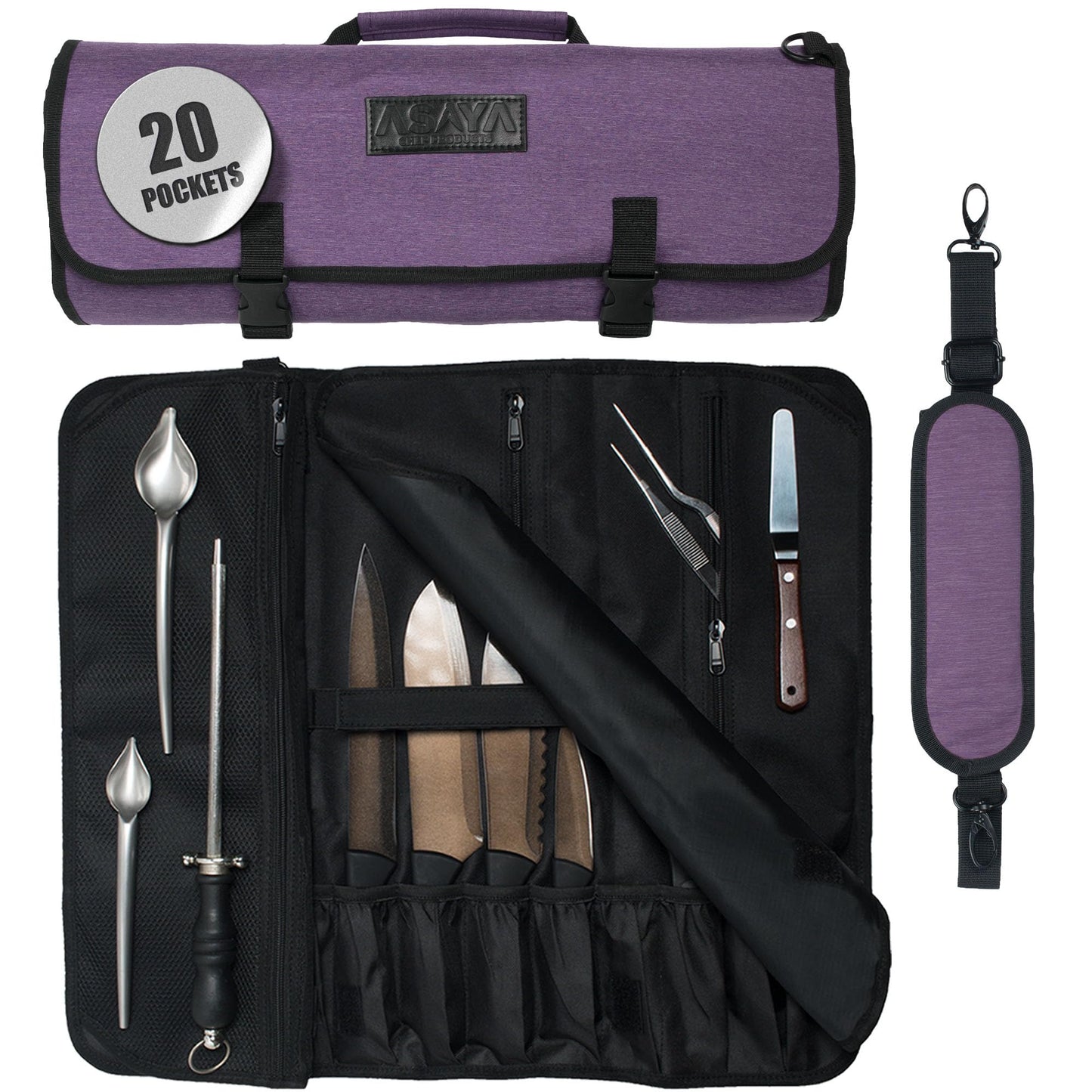 Asaya Waxed Nylon Chef Knife Roll Bag with 20 Slots and Zippered Pockets - Professional Chef Knife Bag & Storage Case, Tool Carrier with Shoulder Strap - Knives Not Included (Purple)