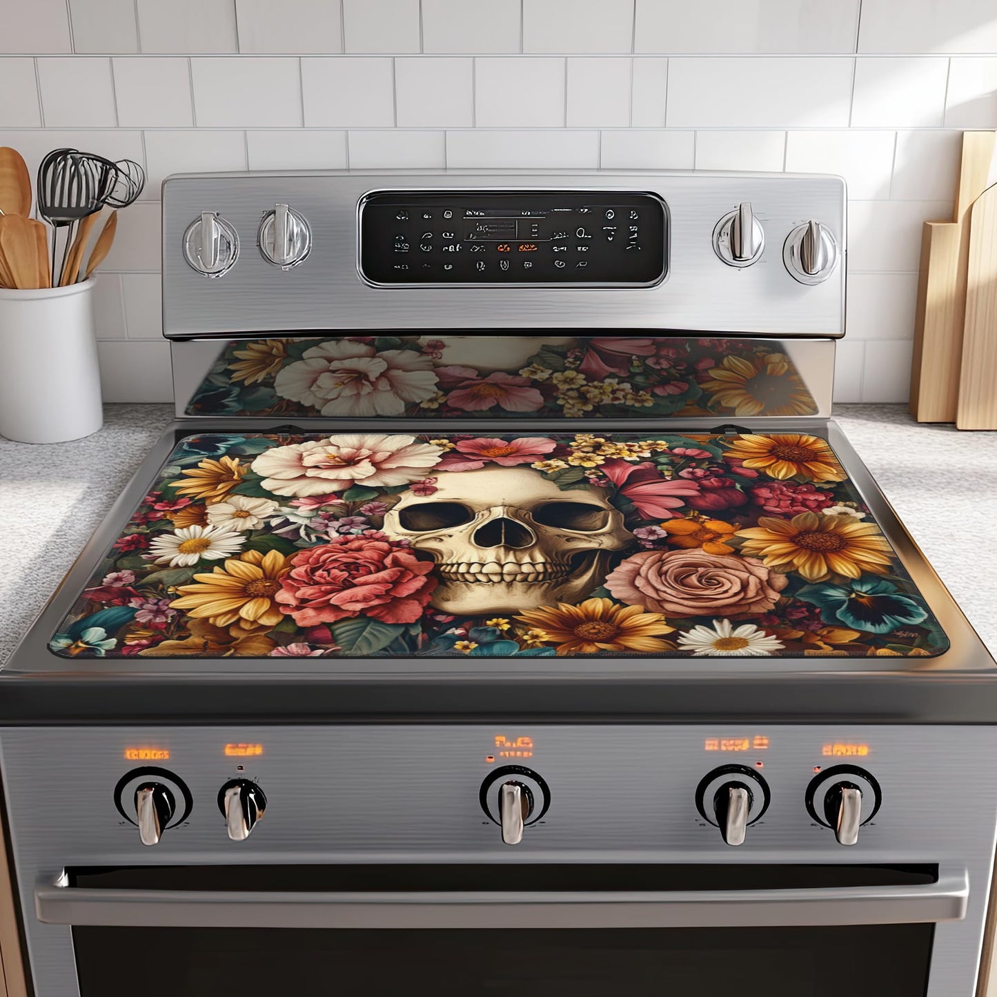 Decorative Electric Stove Cover - Gothic Skull Flower Design, Non-Slip Heat Resistant Protector for Smooth/Glass Top Stoves, Fits 28.5'' x 20.5'' (Not for Gas or Coil)