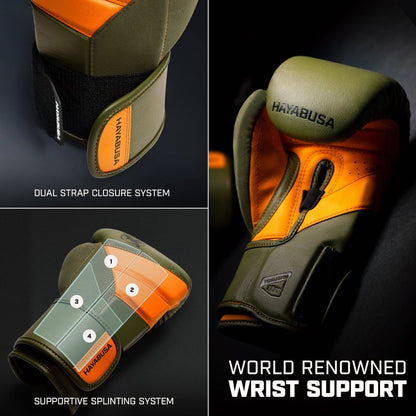 Hayabusa T3 Boxing Gloves for Men and Women Wrist and Knuckle Protection, Dual-X Hook and Loop Closure, Splinted Wrist Support, 5 Layer Foam Knuckle Padding - Green/Orange, 14oz