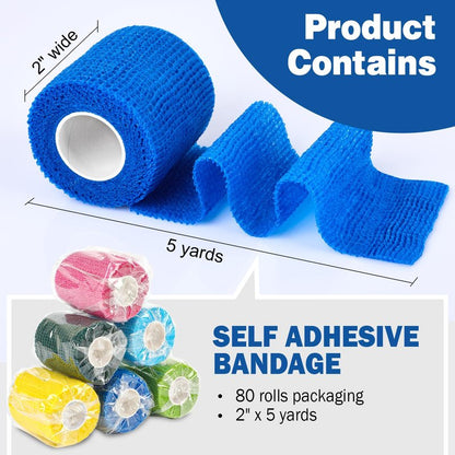 AZEN 80 Pack Self Adhesive Bandage Wrap, 2" X 5 Yards Elastic Cohesive Bandage Wrap, Color Athletic Tape, Vet Wrap, Ankle Tape, Tattoo Grip Tape Wrap