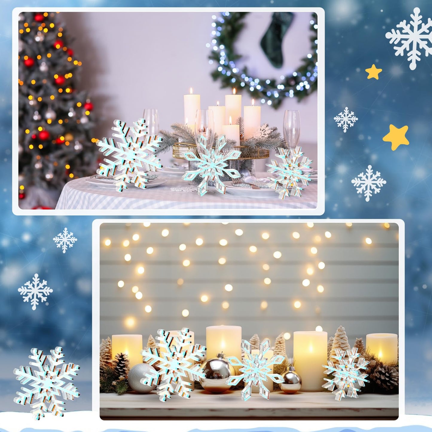 Fiwochic 3 Pcs Winter Iridescent Acrylic Snowflake Decorations 3D Acrylic Snowflake Table Signs Winter Centerpieces for Table Holiday Wedding New Year Party