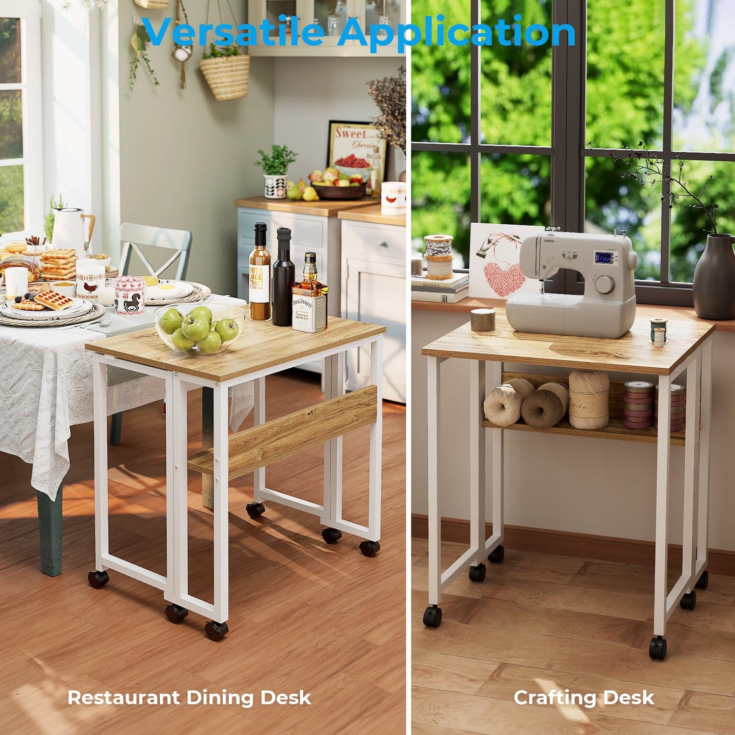 GreenForest Folding Desk Small Rolling Desk with Storage Shelf,24.8 inch Foldable Computer Desk with Wheels for Small Space,Easy Assembly,Oak