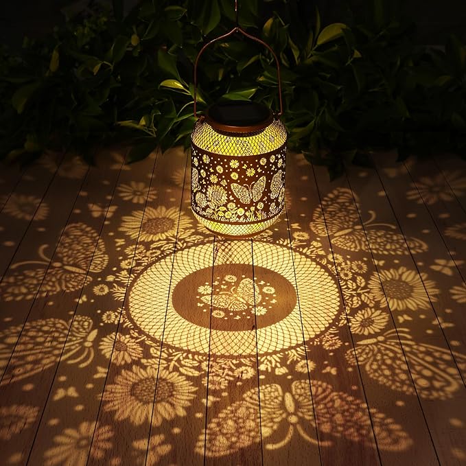 2 Pack Solar Lanterns Outdoor Waterproof Butterfly Garden Decor Birthday Gifts for Women Mom Grandma Hanging Solar Lights Metal Decoration Outside for Yard, Patio, Backyard, Porch, Pathway