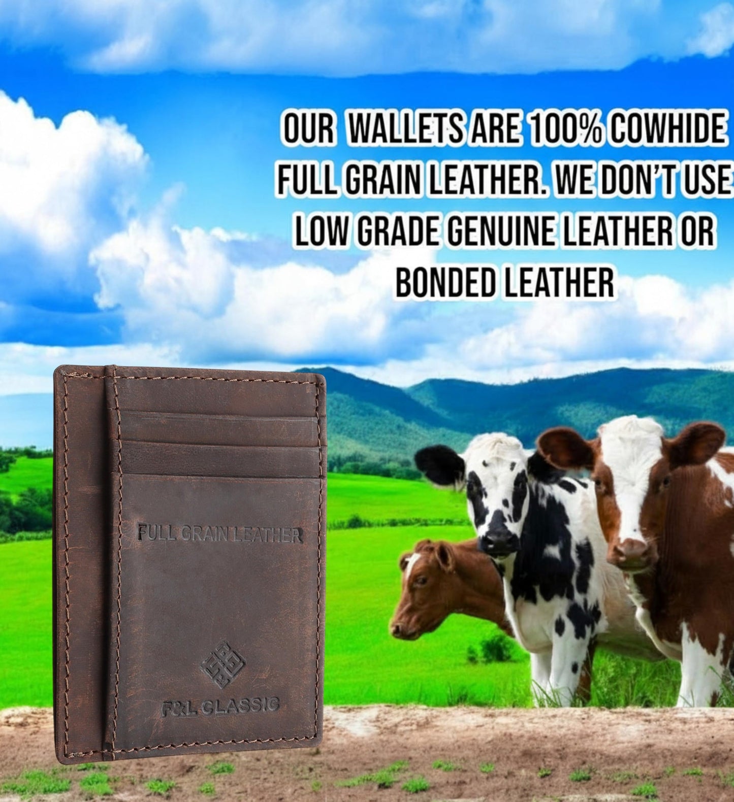 F&L CLASSIC Slim Minimalist Front Pocket leather card holder wallet, for men and women, RFID Blocking, dark brown,10-04