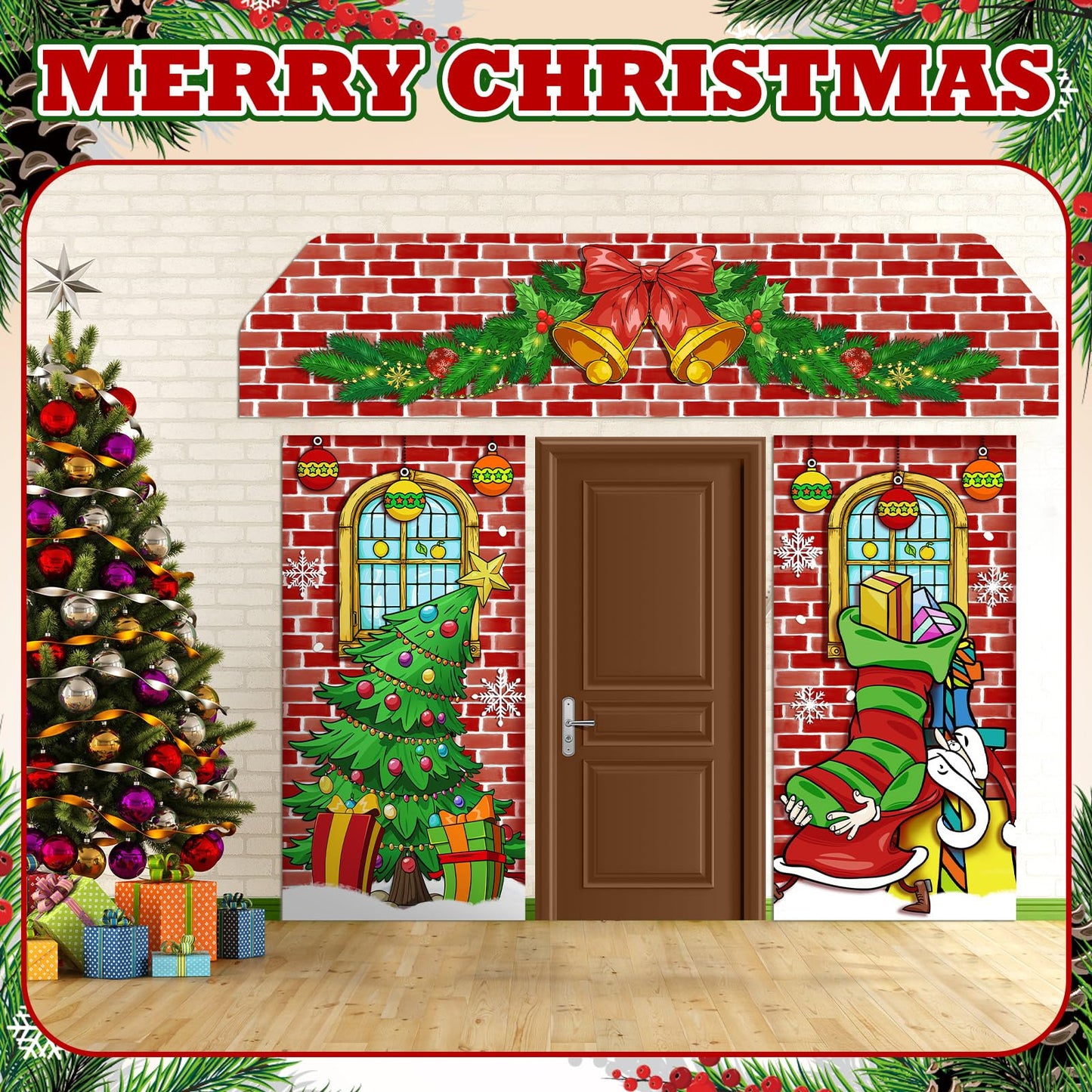 HunnmingRe 3 Pcs Christmas Gingerbread House Decorations Gingerbread Door Covers Backdrop Christmas Door Banners for Xmas Holiday Party Photography Photo Background Decor(Elf Style)