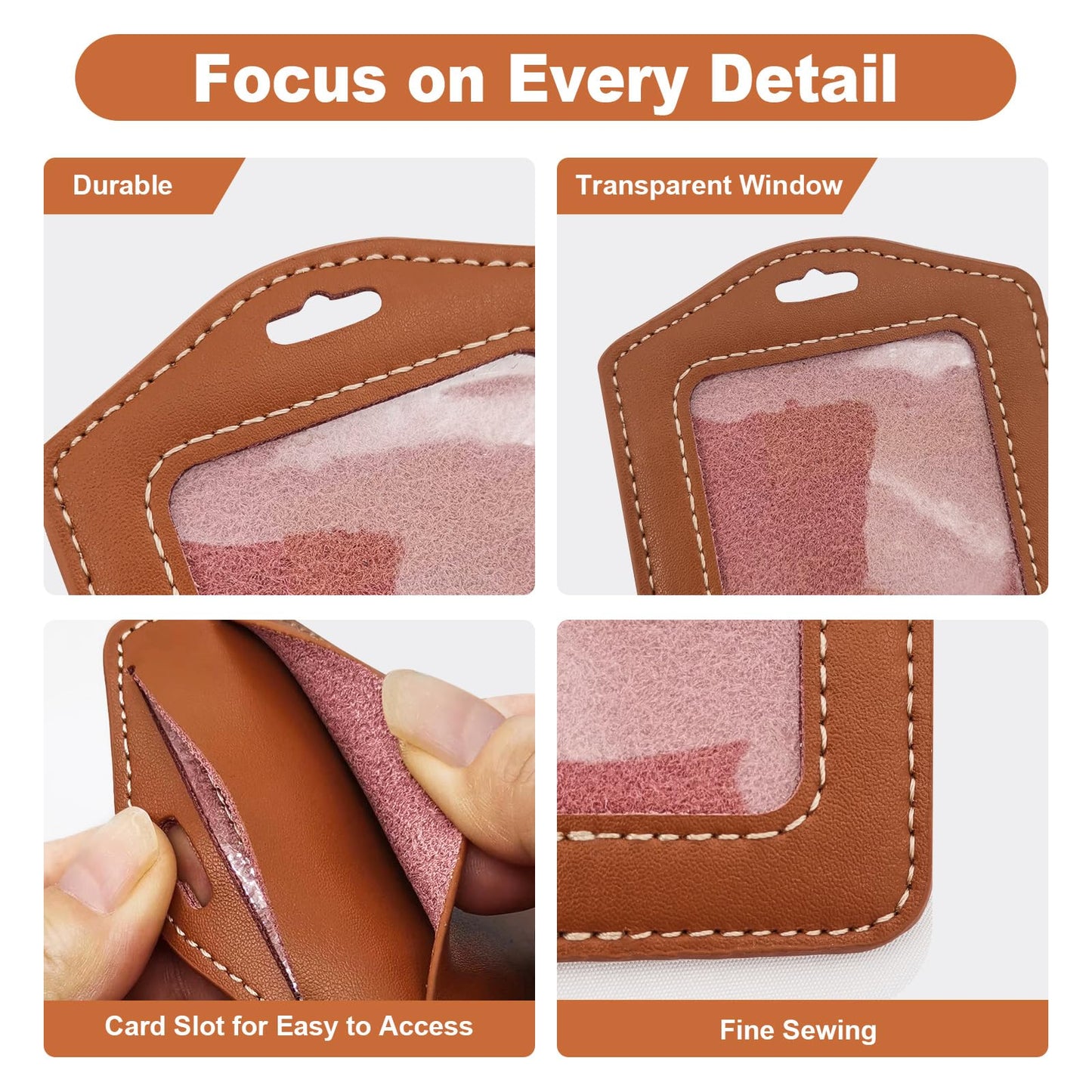 2 Pack Genuine Leather Badge Holder, Key Card Holder, Vertical ID Badge Holder for Student, Teacher, Office, Work and Factory (Brown)