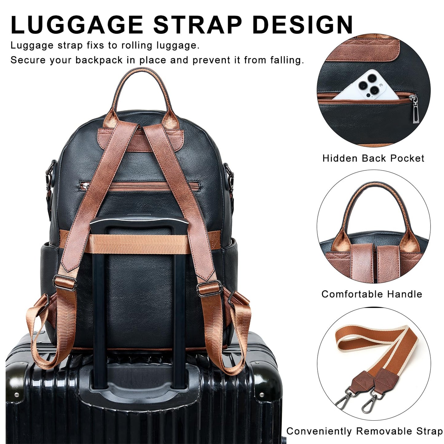 LATMAP Backpack Purse for Women Laptop Backpack, Leather Travel Backpack Shoulder Bag Teacher College Daypack Work Handbag fits 14" Laptop-Black with Brown