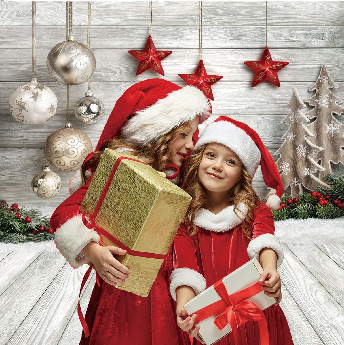 Dudaacvt 10x10ft Christmas Backdrop with Xmas Tree, Balls, White Wood Floor for Photography