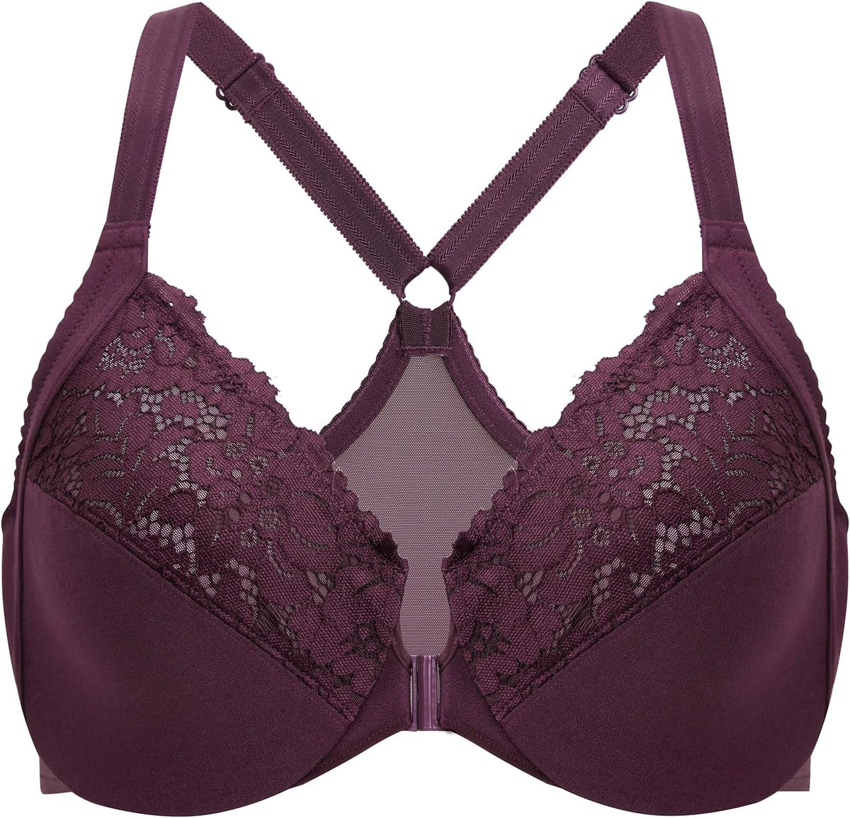 DELIMIRA Women's Front Closure Plus Size Full Coverage Lace Underwire Racerback Bra