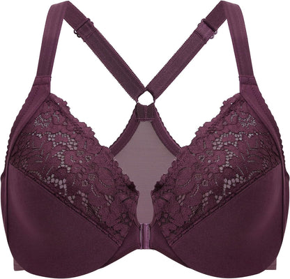 DELIMIRA Women's Front Closure Plus Size Full Coverage Lace Underwire Racerback Bra
