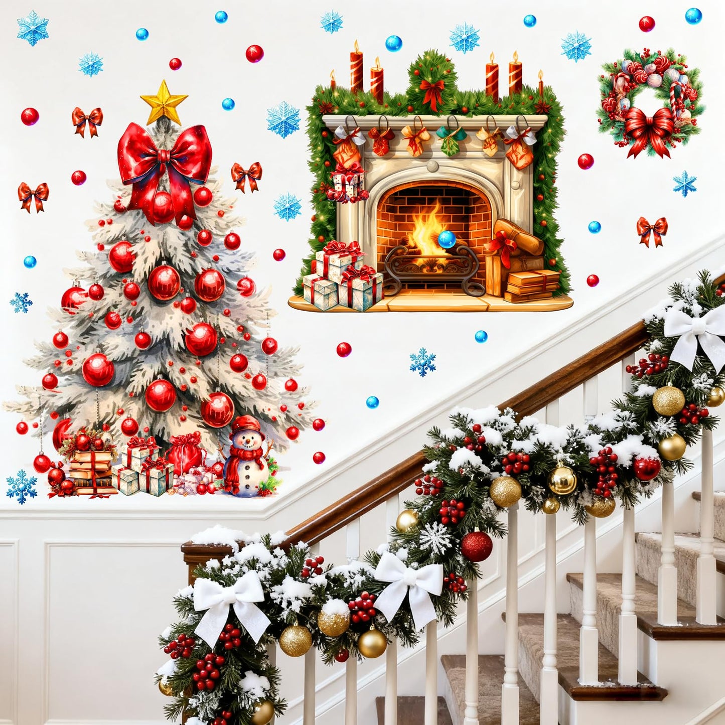 Christmas Tree Wall Stickers Xmas Fireplace Wall Decals Peel and Stick Winter Snowflake Wall Decals Winter Holiday Snow Fireplace Tree Window Decal Christmas Window Stickers Party Decorations