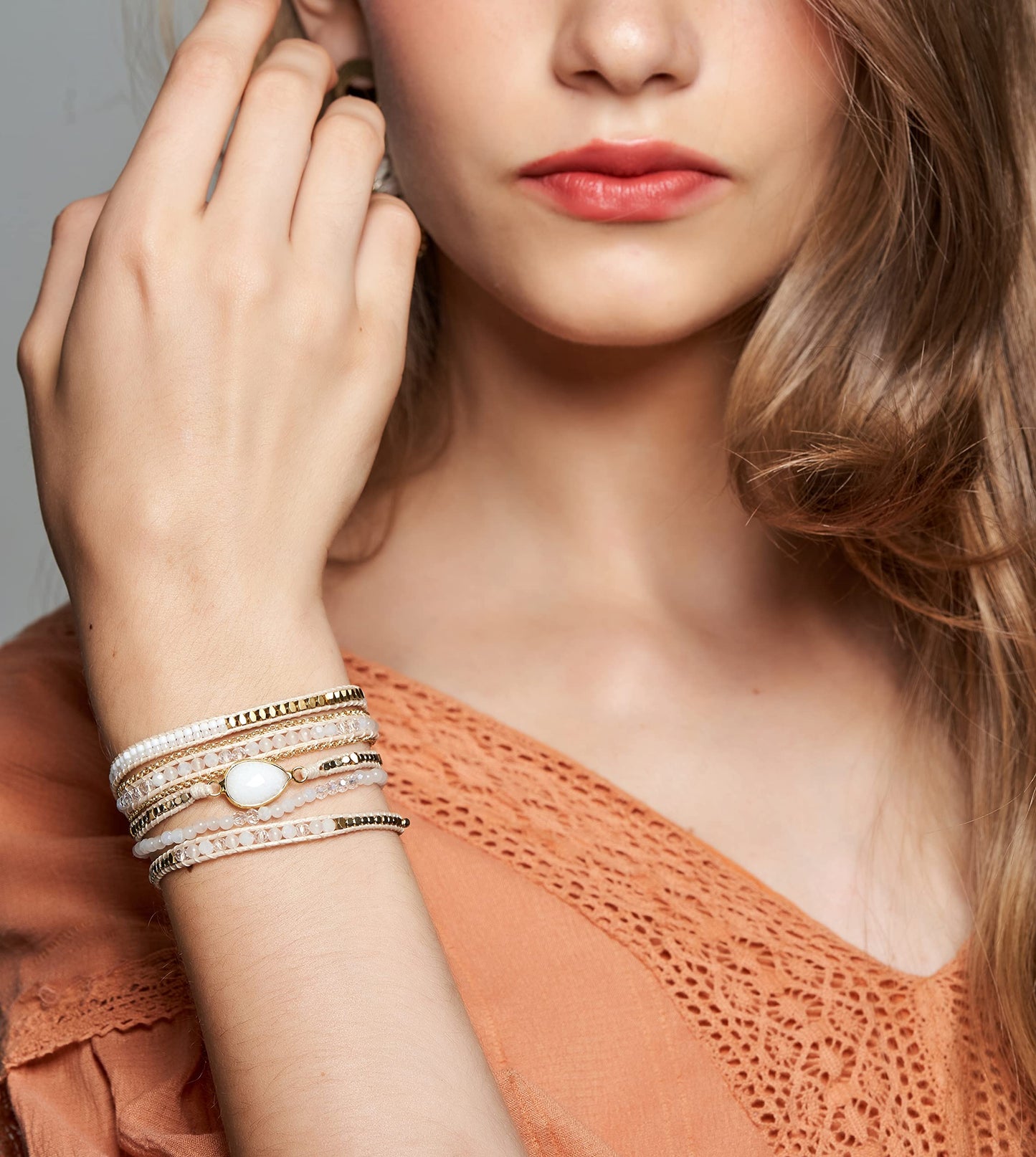 G2F DESIGN Bracelet for Women – Handmade Vegan Boho Natural Stone Layered Bracelet, Thailand Bohemian Stackable Beaded Wrap Bracelets (A1-Off White)