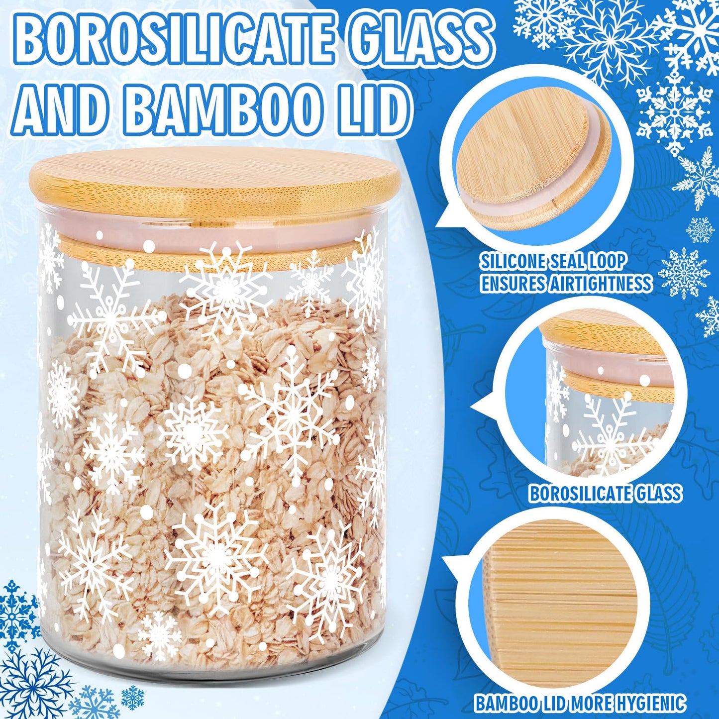 JarThenaAMCS 3Pcs Christmas Glass Storage Jars White Winter Snowflake Clear Canisters Set with Airtight Lid Cookie Candy Storage for Xmas Party Home Kitchen Countertop Decor