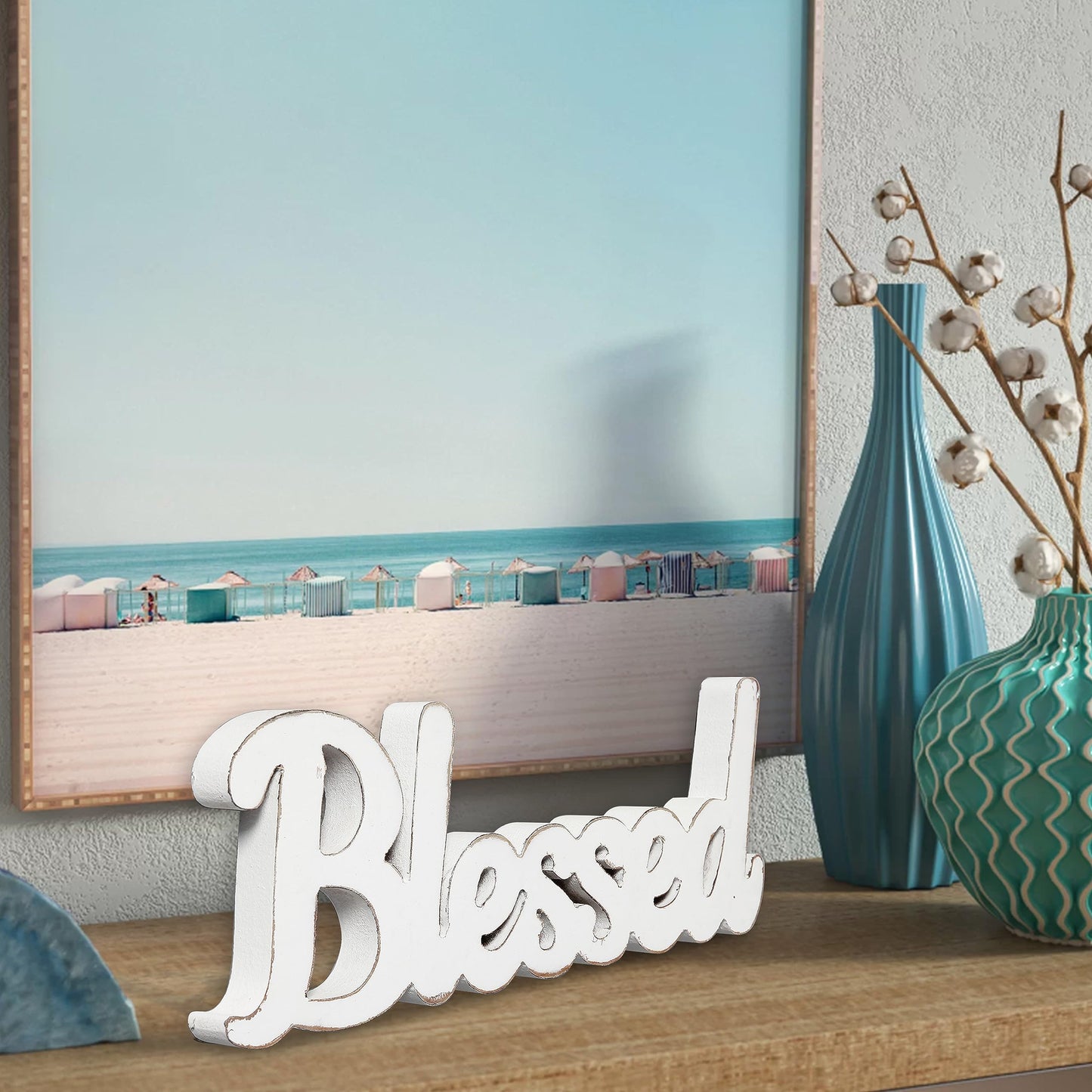 Sintosin Rustic White Wooden Blessed Sign for Tabletop 15 Inch, Wall Hanging Farmhouse Blessed Signs for Home Decor, Handmade Thanksgiving Signs Decor, Christmas Signs for Living Room Entryway