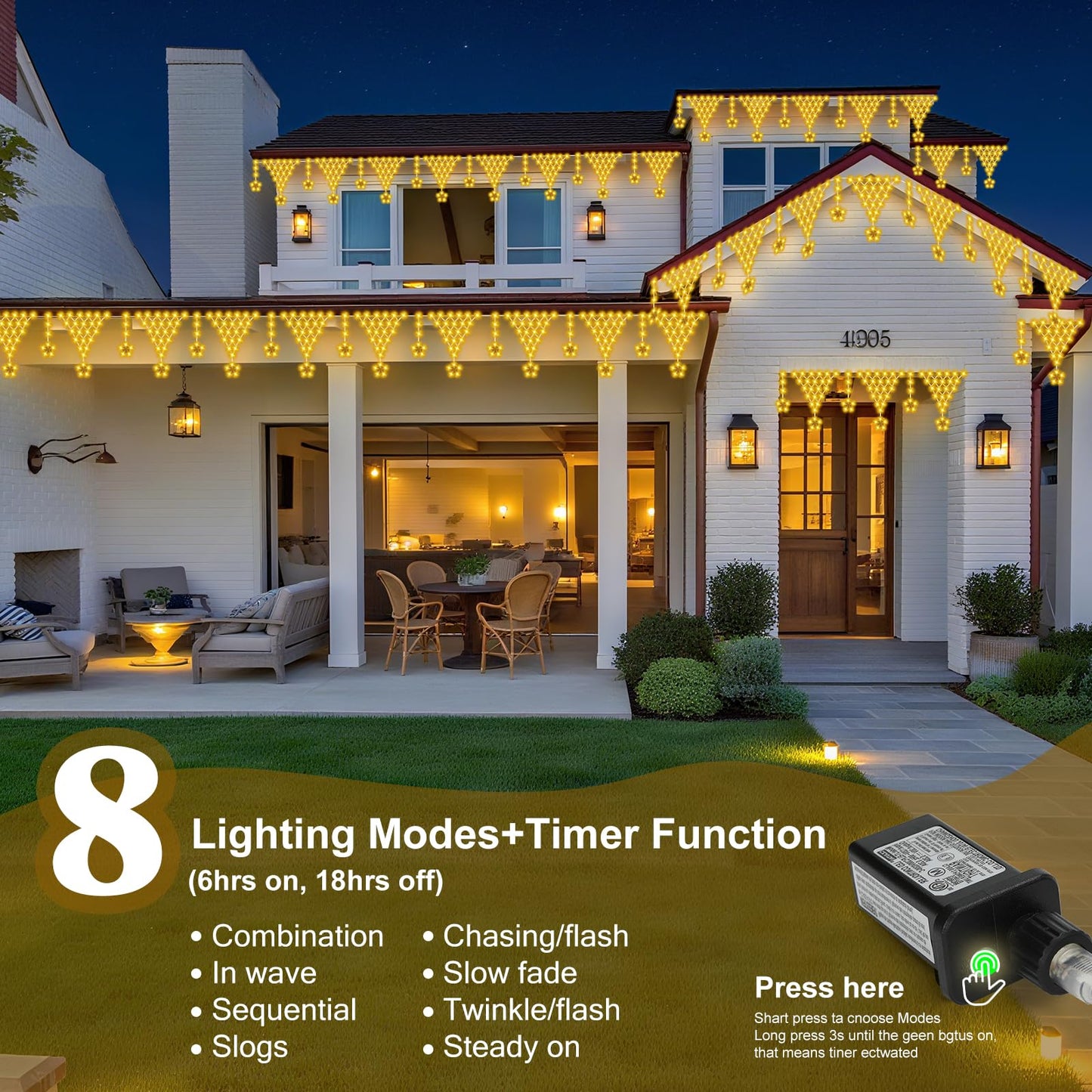 Ramadan Outdoor String Lights Waterproof, 218 LED 13.8FT Star Curtain Fairy Lights with 12 Drops Connectable Clear Wire Christmas Light Decorations 8 Modes for Eaves Yard Wedding Party Holiday Decor