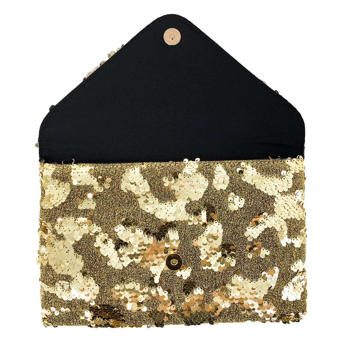 JNB Sequin Envelope Clutch for Women – Flat Evening Bag with Detachable Chain, Snap Closure, Fabric Lining, Interior Zipper Pocket, Lightweight Sequin Purse for Parties and Special Events (Black)