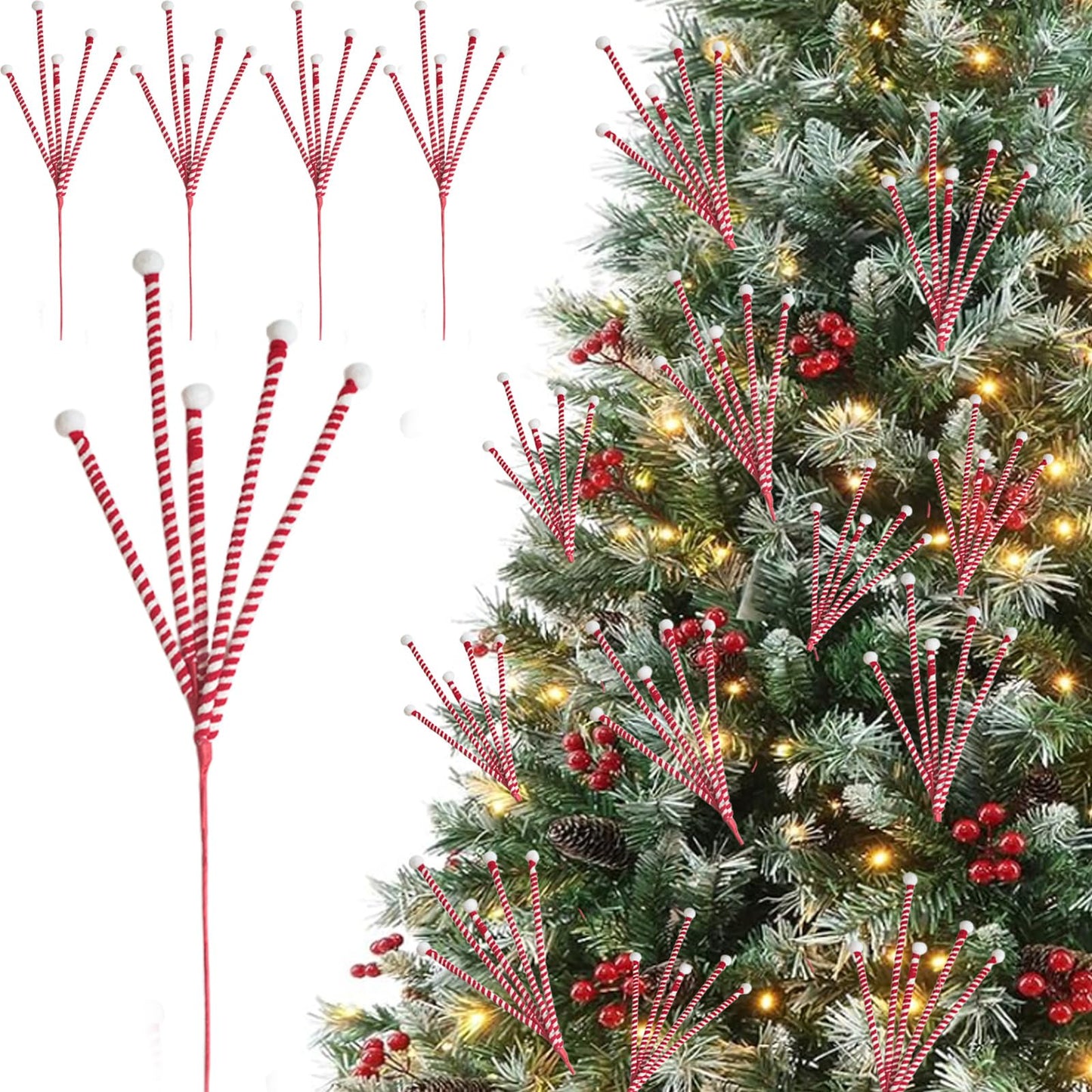 Egolot 12 PCS Christmas Candy Cane Picks for Christmas Tree Topper, Red White Picks Sprays for Xmas Wreath DIY Vase Centerpieces, Candy Cane Ornaments Decorations