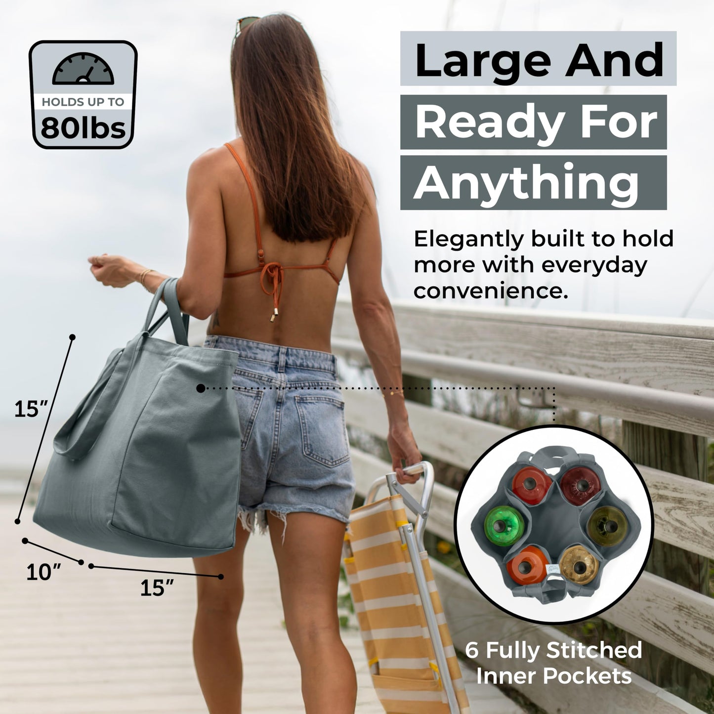 VeraMia Canvas Grocery Bag 3pc Jumbo Set with Real Pockets, Long Shoulder Strap and Short Handle. Reusable Shopping Bags for Groceries Heavy Duty, Foldable, Washable, Grocery Tote Bag (Caribbean Blue)