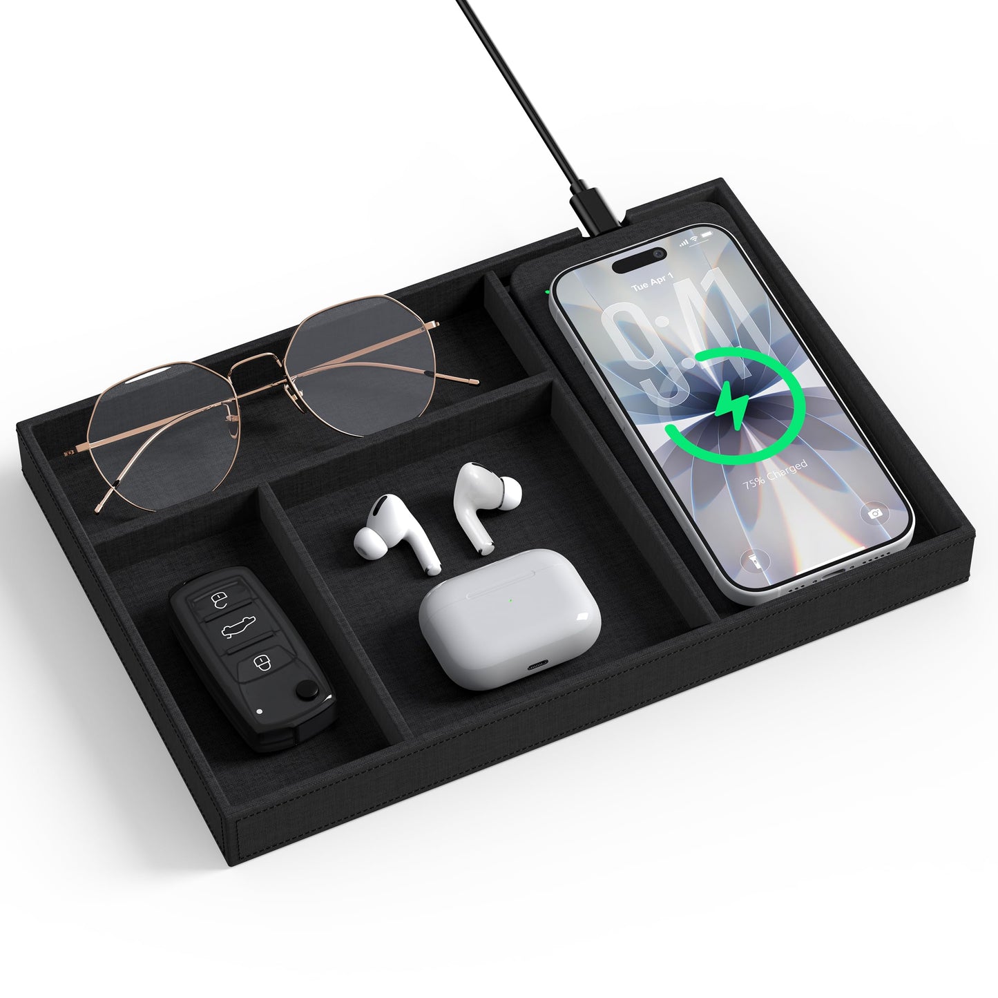 Valet Tray with Wireless Charger, Nightstand Organizer & Catchall Tray for Phone, Keys, Glasses and Accessories, Premium Linen, Stylish Desk & Bedside Storage Station, Black