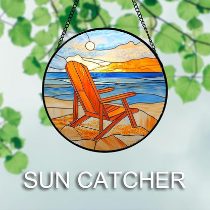 Stained Glass Window Hanging 4 Pcs Set Blue Orange Ocean Beach Theme 7.8" - Suncatcher Door Garden Sun Catcher Decor Birthday Christmas for Mom Woman Nana Men Wife