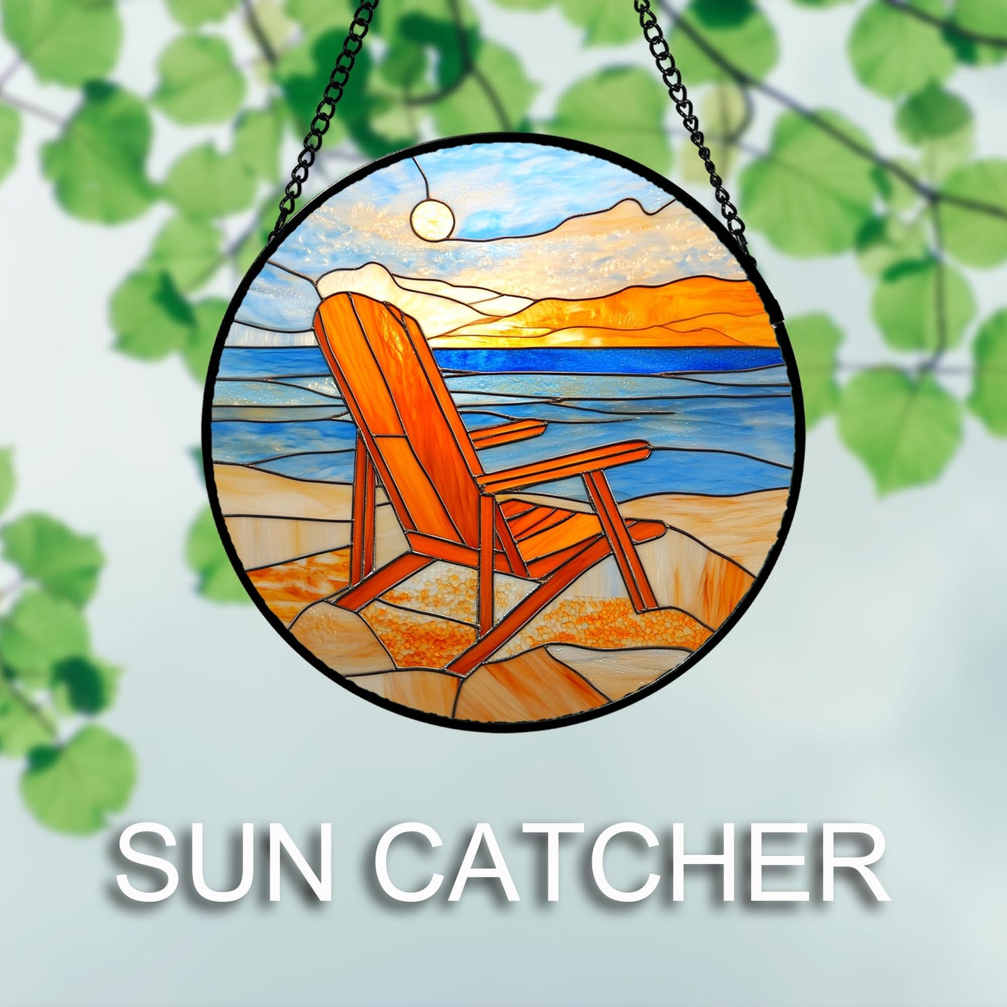 DASTOLL Stained Glass Window Hanging 4 Pcs Set Blue Orange Ocean Beach Theme 6.3" - Suncatcher Door Garden Sun Catcher Decor Birthday Christmas for Mom Woman Nana Men Wife