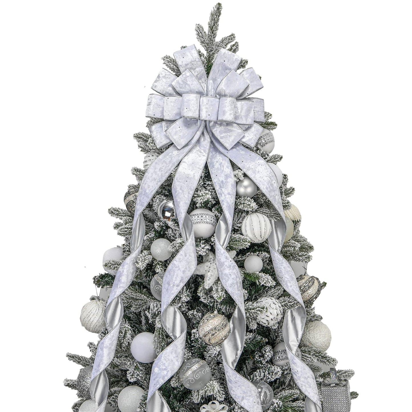 BUVANE Christmas Tree Topper,48x13 Inches Velvet Toppers Bow,Large Decorative Bows for Christmas Decoration (Silver)