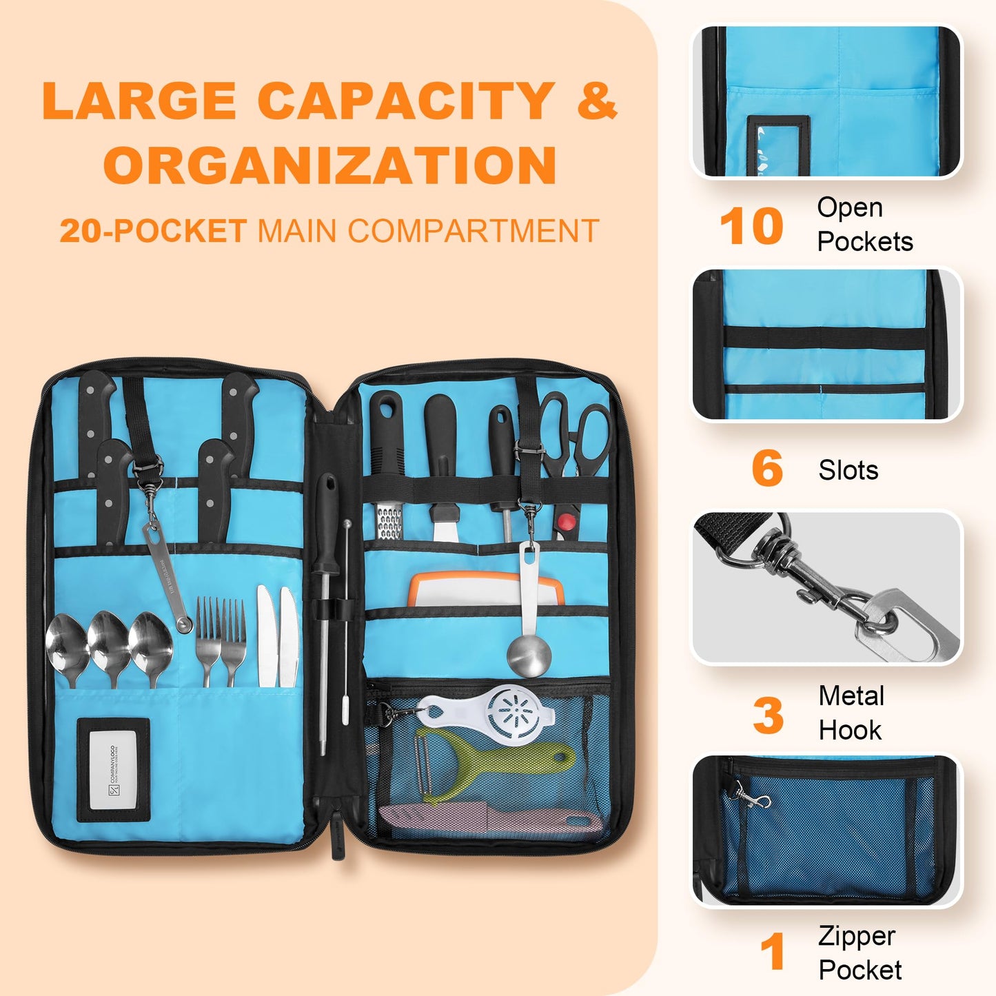 YARWO Chef Knife Bag with 20-Pockets, Professional Knife Sheath Storage Case with Shoulder Strap and Top Handle, Cooks & Culinary Tools Organizer Holder for Kitchen Travel Cooking Utensils (Bag Only)