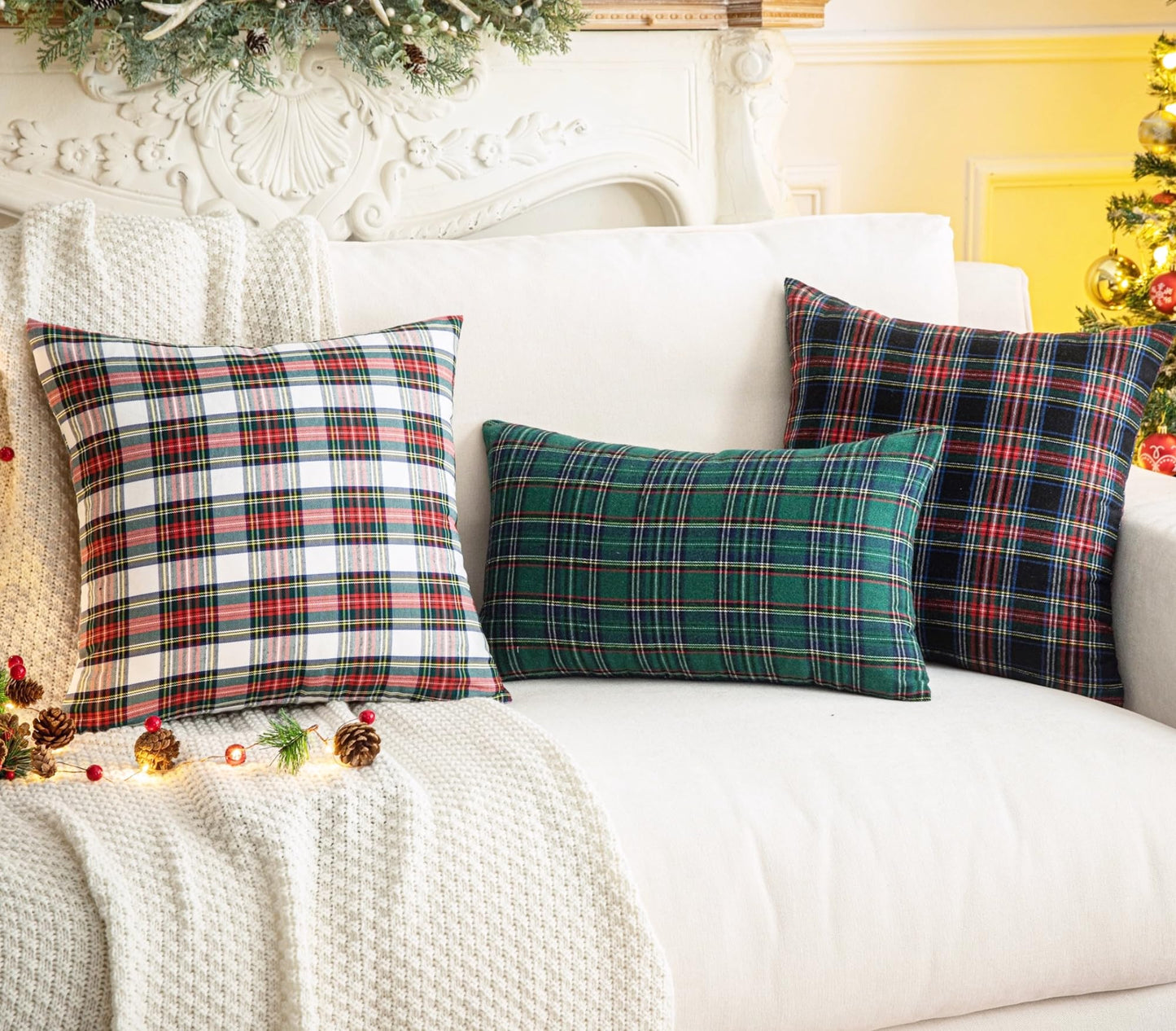 AQOTHES Pack of 2 Christmas Plaid Decorative Throw Pillow Covers Scottish Tartan Cushion Case for Farmhouse Home Holiday Decor Red and White, 24 x 24 Inches