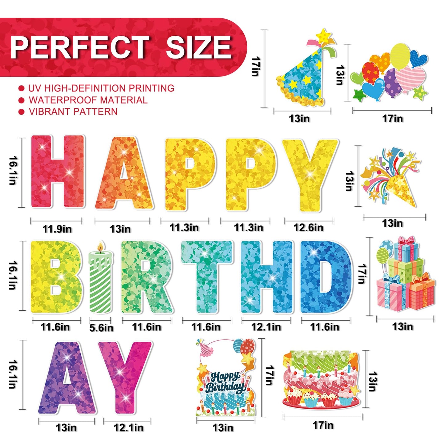 GXGGUS Happy Birthday Yard Signs Outdoor Decorations - 19 PCS Set with 16" Letters, 30" Large Cake Sign on H-Shaped Metal Stand, 32.8 Ft LED Lights & Stakes for Lawn Garden Party