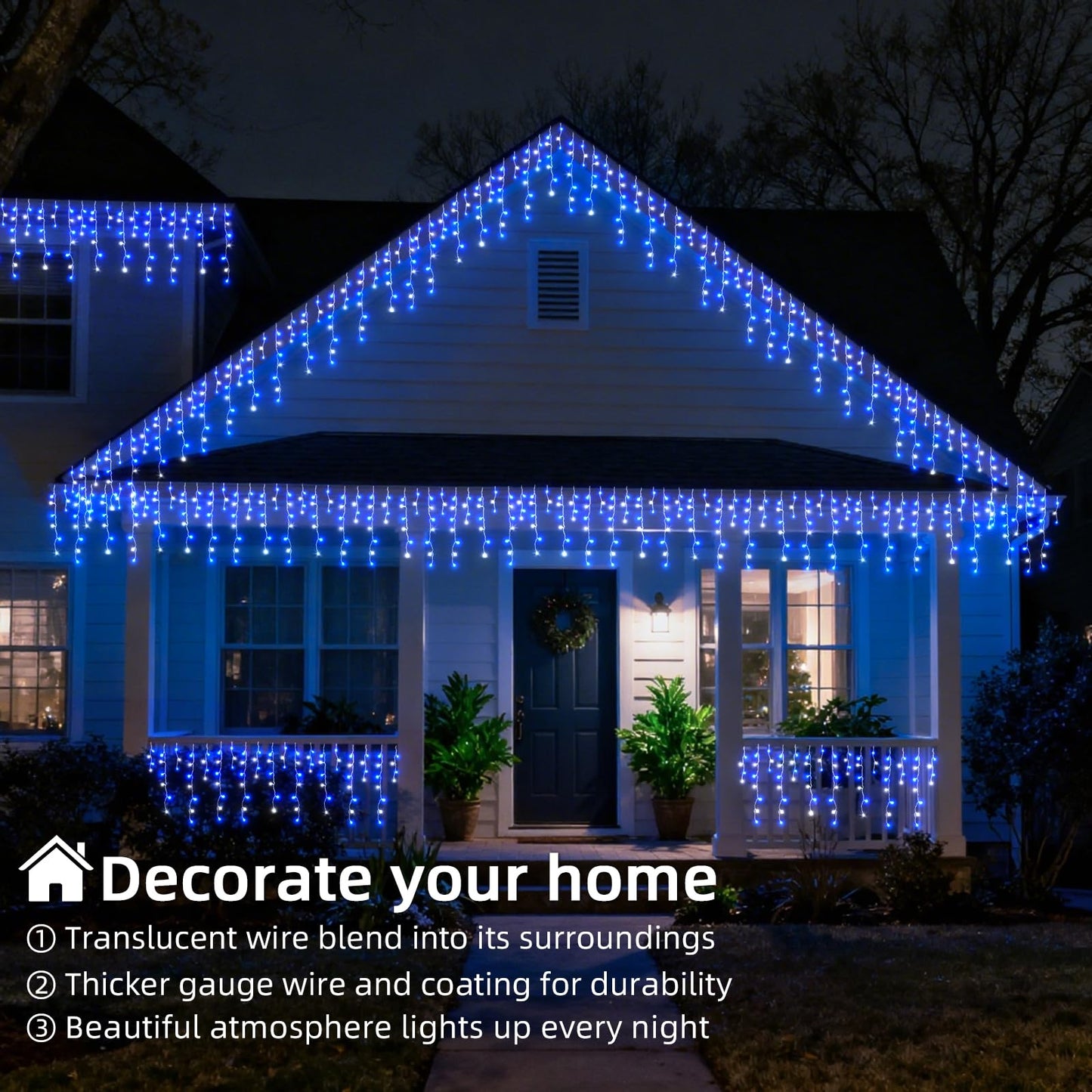 BYIZO Christmas Outdoor Icicle Lights - 480 LED 66+33 FT 8 Modes Curtain Fairy String Light Plug in, Waterproof for Eaves Yard Holiday Xmas Holiday Indoor Outdoor Decoration - Blue White