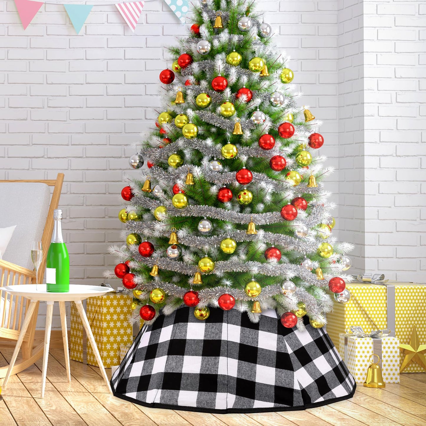 Christmas Tree Collar Velvet Folable Black White Buffalo Plaid Christmas Tree Ring Tree Skirt for Christmas Holiday Tree Decoration