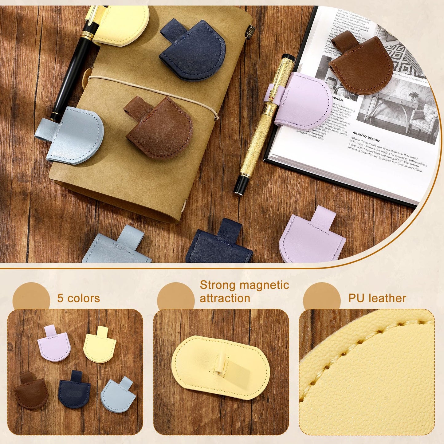 Resurhang 10 Pcs Bookmark with Pen Holder Magnetic Pen Loop Holder Set Personalized Magnetic Bookmarks Leather Book Mark for Teachers Readers Book Lovers Gifts Notebooks Journals Calendars