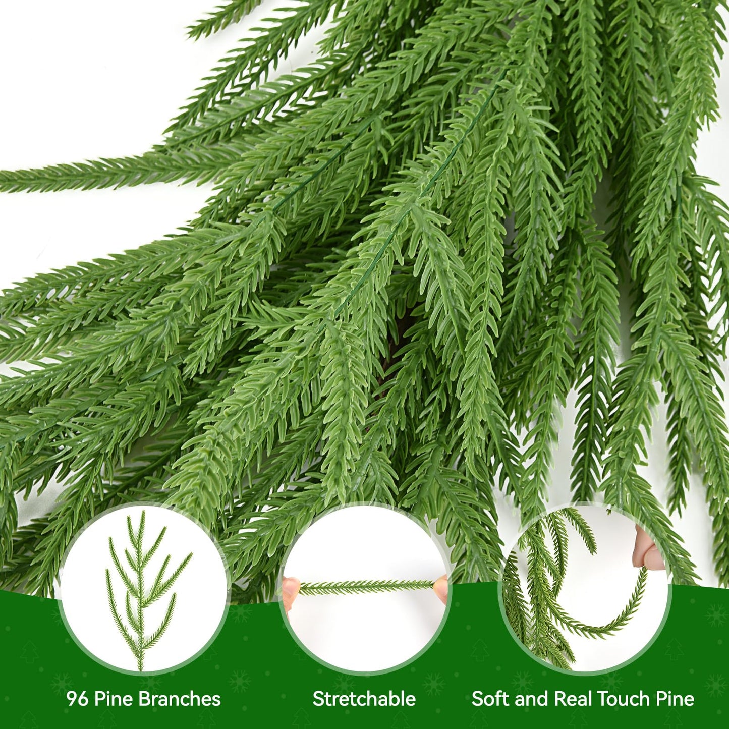 Christmas Garland, 9FT Artificial Norfolk Pine Garland, Real Touch Pine Garland, 96 Branches Christmas Garland for Mantle, Staircase, Banister, Indoor, Outdoor Christmas Decorations