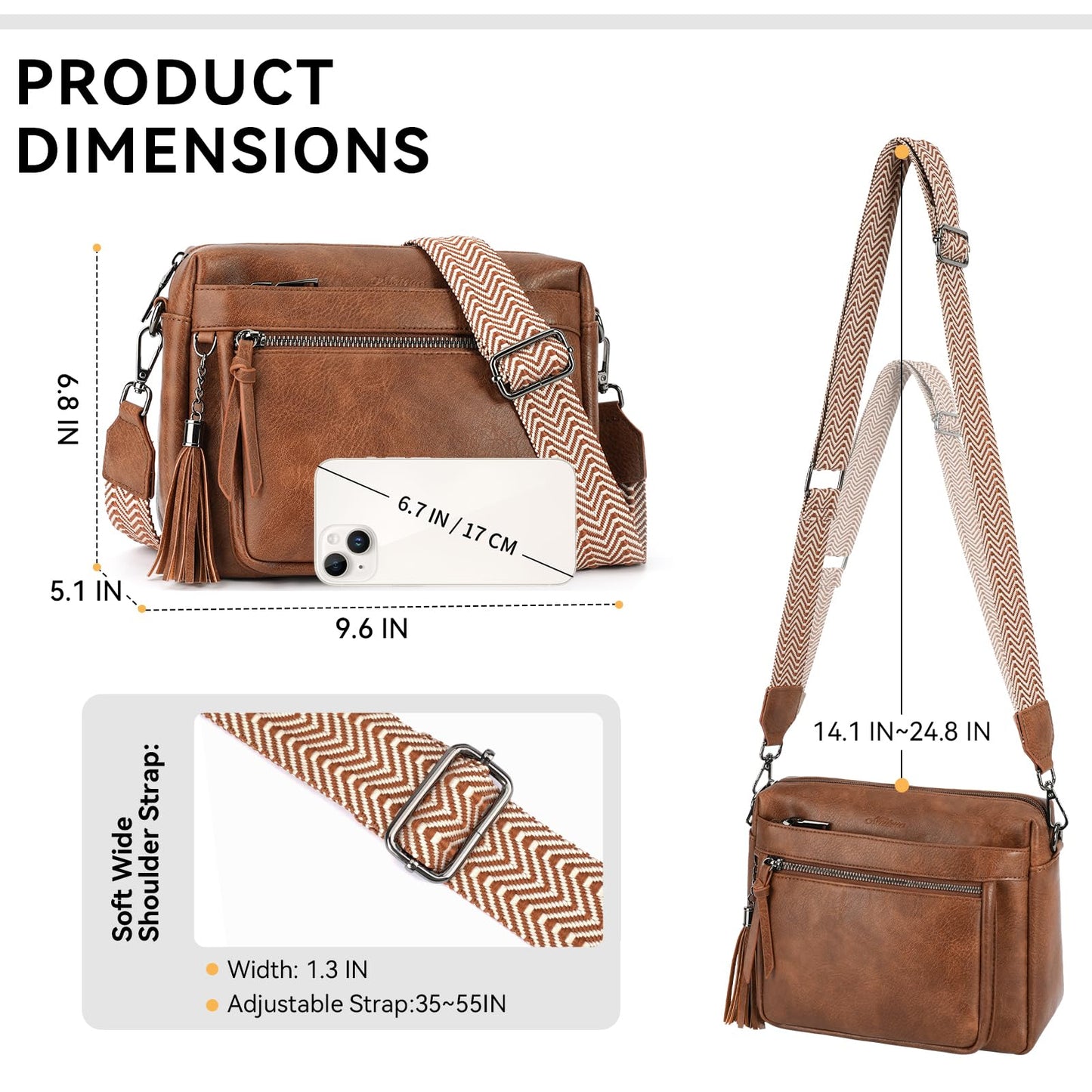 MEITRUE Crossbody Bags for Women, Vegan Leather Crossbody Cell Phone Purse Trendy Multi Pockets Shoulder Handbags with Tassel and Adjustable Strap Brown