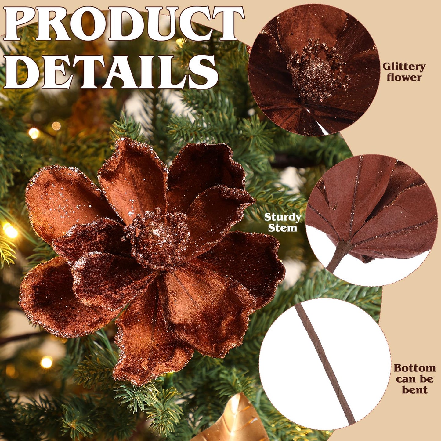 Thiccywoov 12 Pcs Christmas Magnolia Picks Set 6 Magnolia Flower 6 Golden Leaves Picks Glitter Artificial Flower for Christmas Tree Wreath Decor Floral Ornaments for Xmas Party Holiday(Brown)