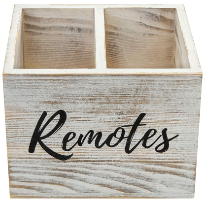 MyGift Remote Control Holder,TV Remote Holder,Wood Remote Caddy for Table,2 Large Compartment,Shabby Whitewashed Solid Wood with Black Cursive Remotes Label