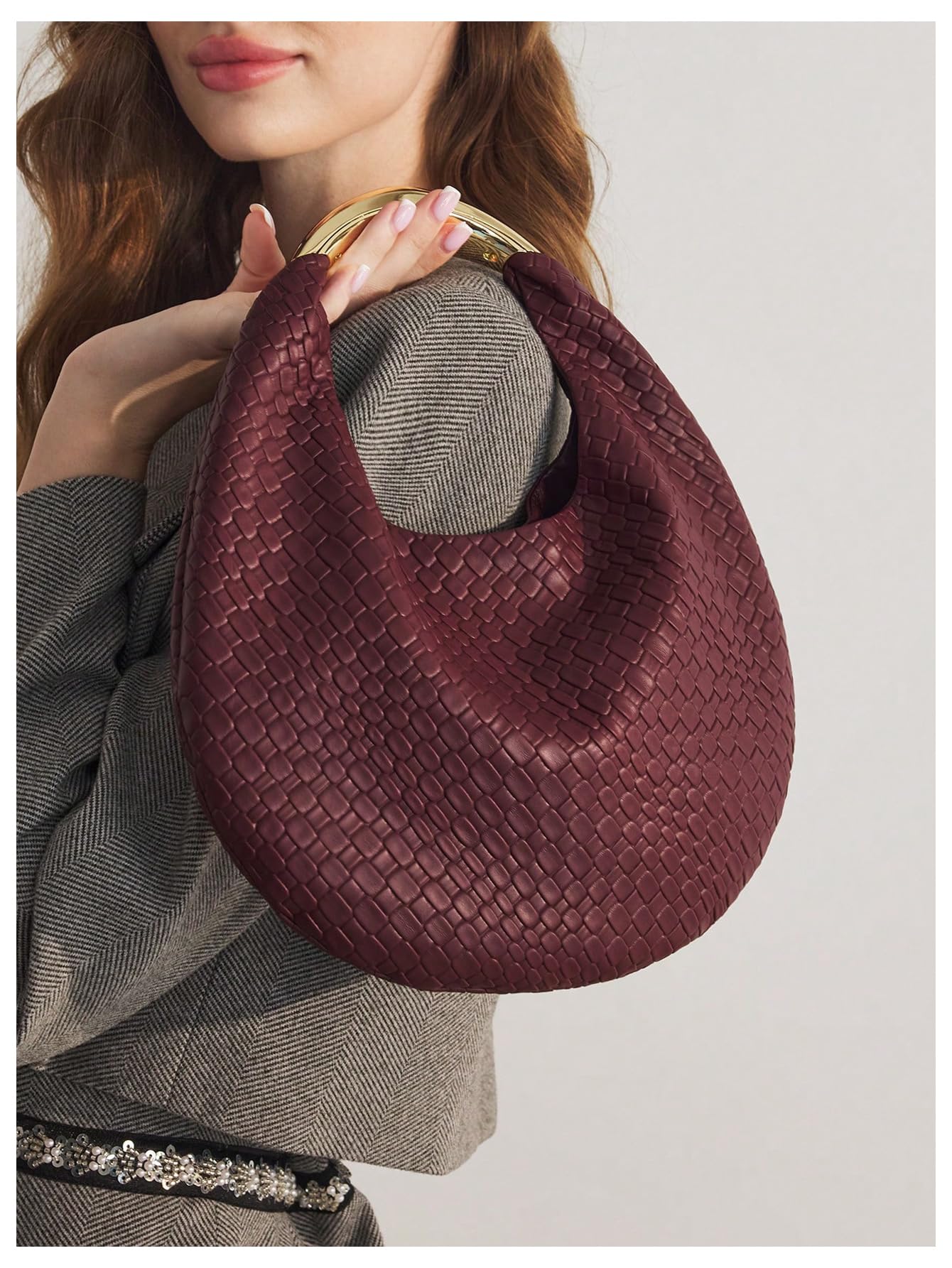 QWINEE Women's Woven Handbag Elegant Clutch Purse Metal Top Handle Cresent Evening Bag Retro PU Leather Clutch Purse Burgundy One Size