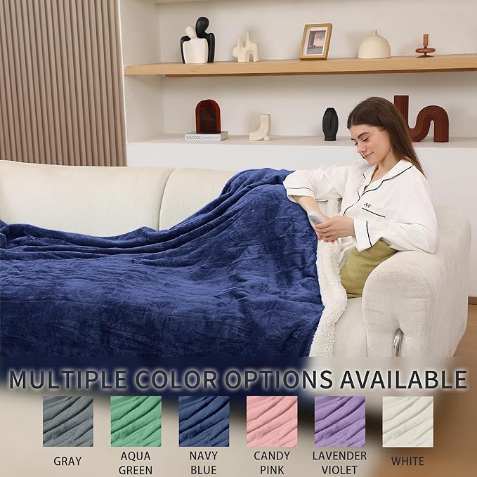 Electric Blanket King, Dual Control Heated Electric Blanket King Size with Flannel & Sherpa, Machine Washable Plush Heated Blanket 5 Heating Levels & 10 Hours Auto Off, 100" x 90", Navy Blue