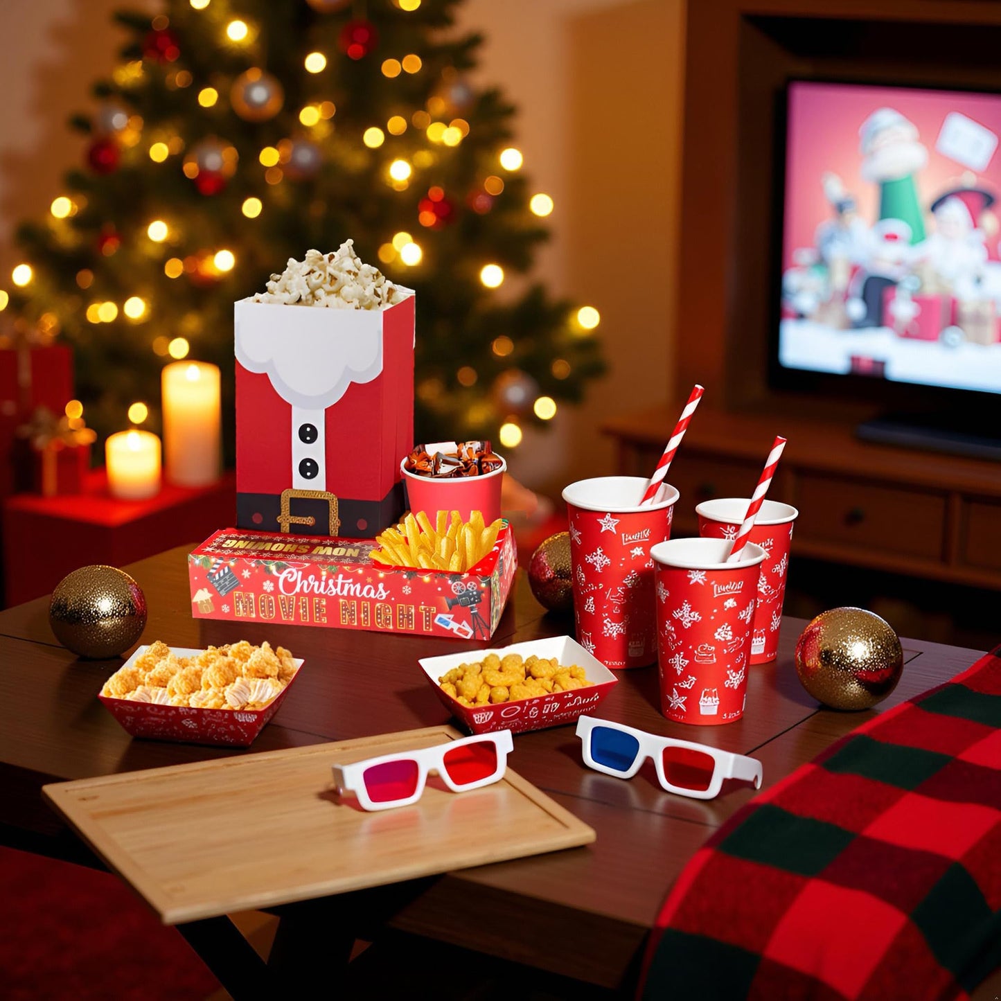 Rzoklot 48PCS Christmas Movie Night Party Supplies – 24 Snack Boxes, 12 Food Trays, 12 Popcorn Bags – Festive Disposable Snack Holders for Holiday Parties, Family Gatherings & Home Theater