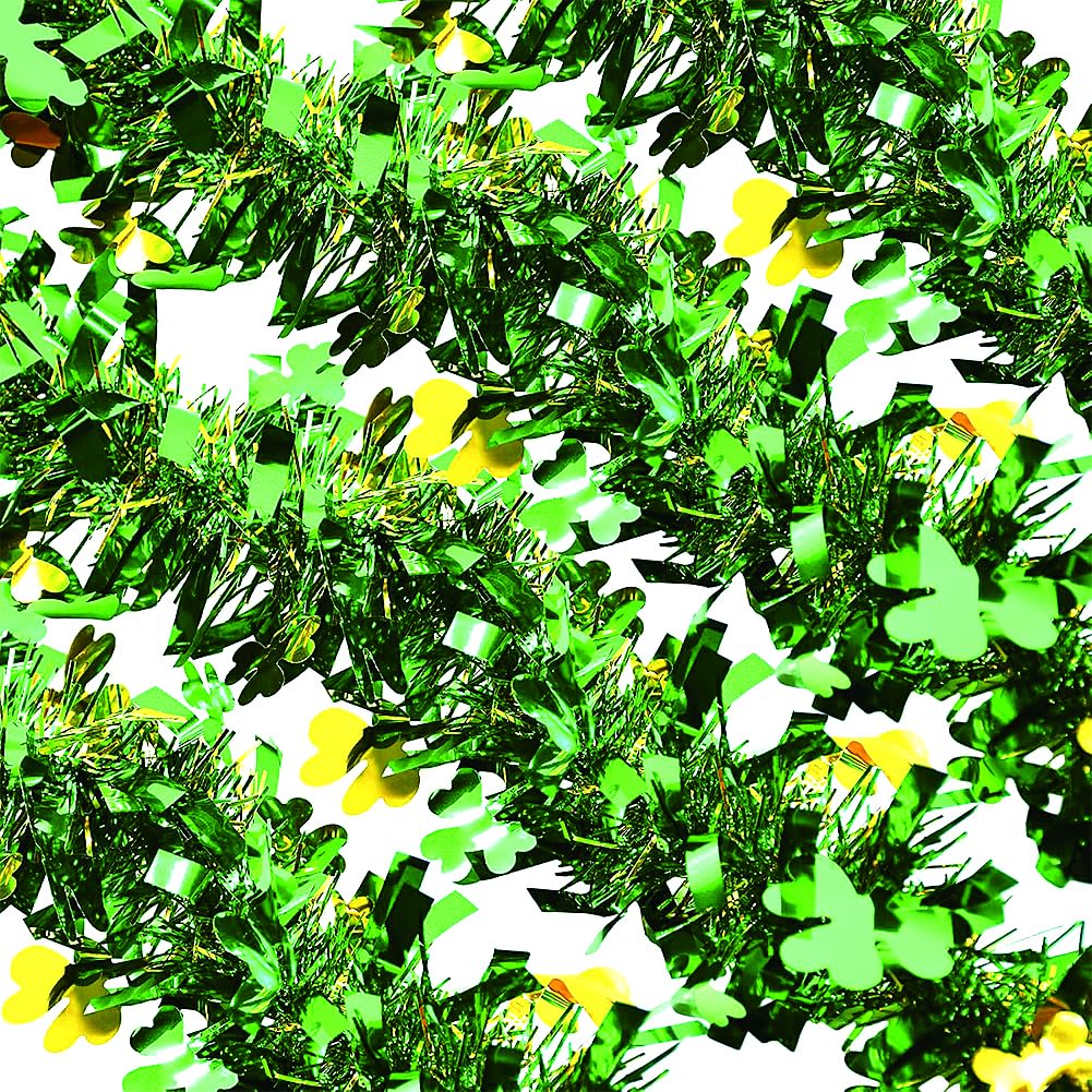 66 Ft St.Patrick's Day Tinsel Garland 2Pcs Green with Shamrock Saint Patricks Day Decorations for Saint Patrick's Day Party Decor Shiny Hanging Clover Green Tinsel Garland