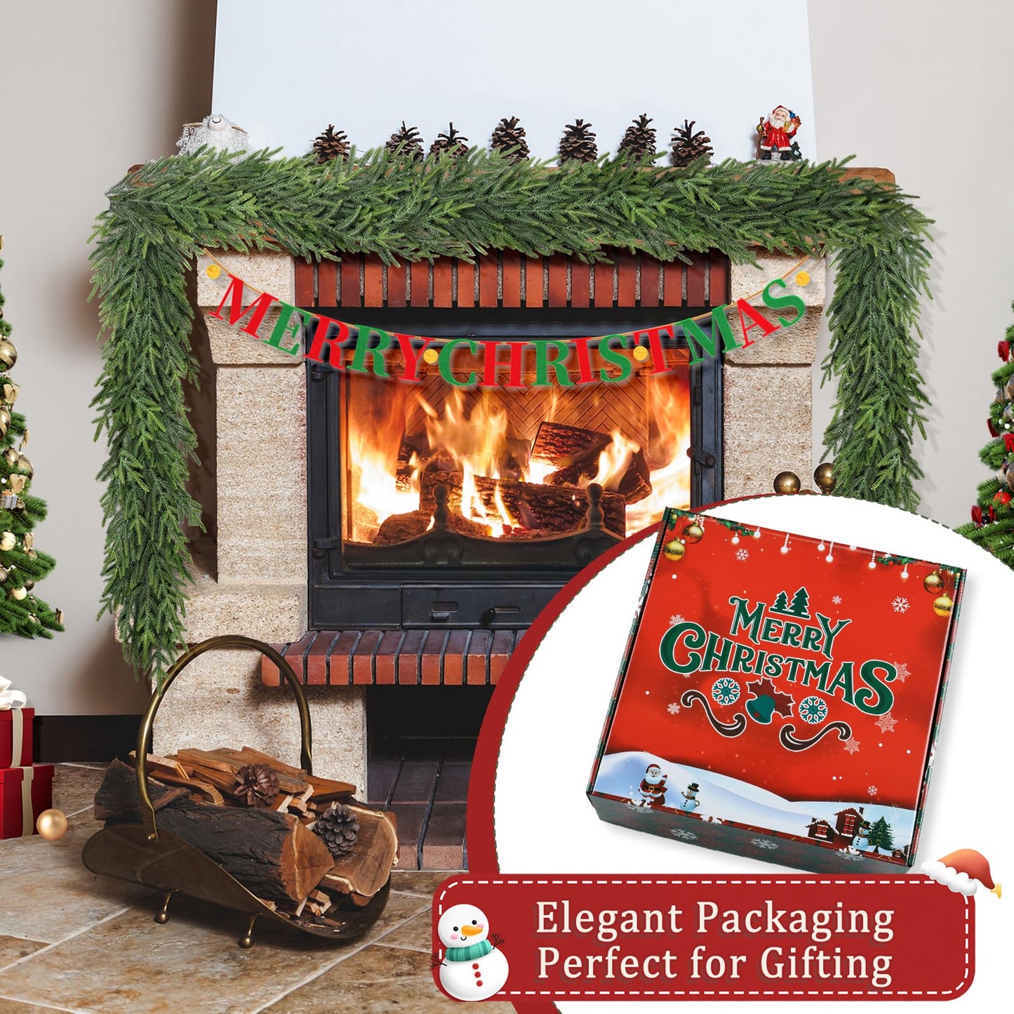 Tulvend 9FT Christmas Pine Garland - Real Touch Green Garland - Artificial Realistic Cedar Garlands for Mantel, Staircase, Tabletop - Indoor Outdoor Winter Christmas Decor