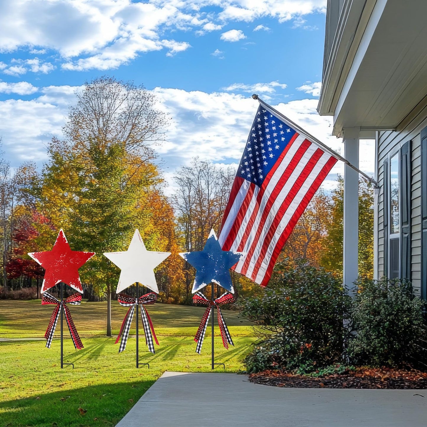 Amyhill 4th of July Outdoor Decor Patriotic Star Metal Garden Stakes Welcome Yard Signs Retro Red White Blue American Star Garden Stakes for 250th Anniversary Patio Lawn Walkway Outside Decorations