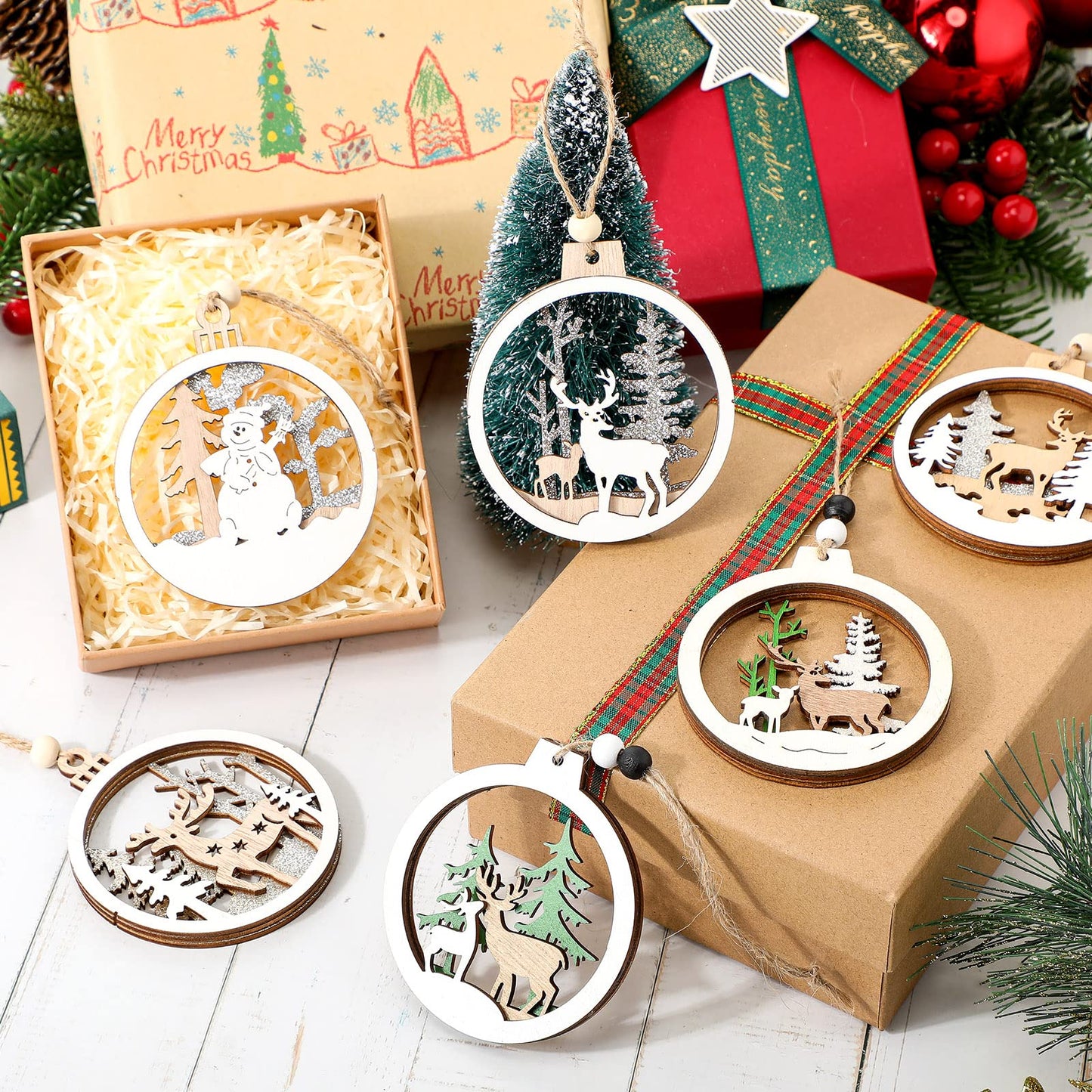 Coume 24 Pcs Christmas Wooden Ornaments Christmas Tree Ornaments Hollow Winter Wood Craved Hanging Craft Decorations Farmhouse Rustic 3D Glitter Reindeer Santa Snowman, 12 Designs