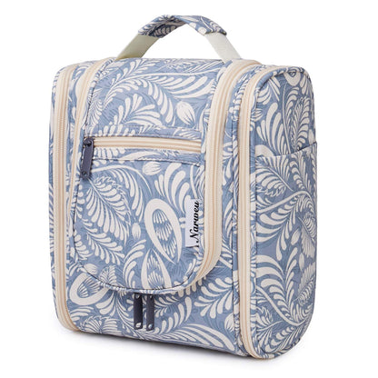 Narwey Small Hanging Toiletry Bag Women Travel Makeup Bag Organizer Toiletries Bag for Travel Size Essentials Accessories Cosmetics (Medium, Blue Leaf)