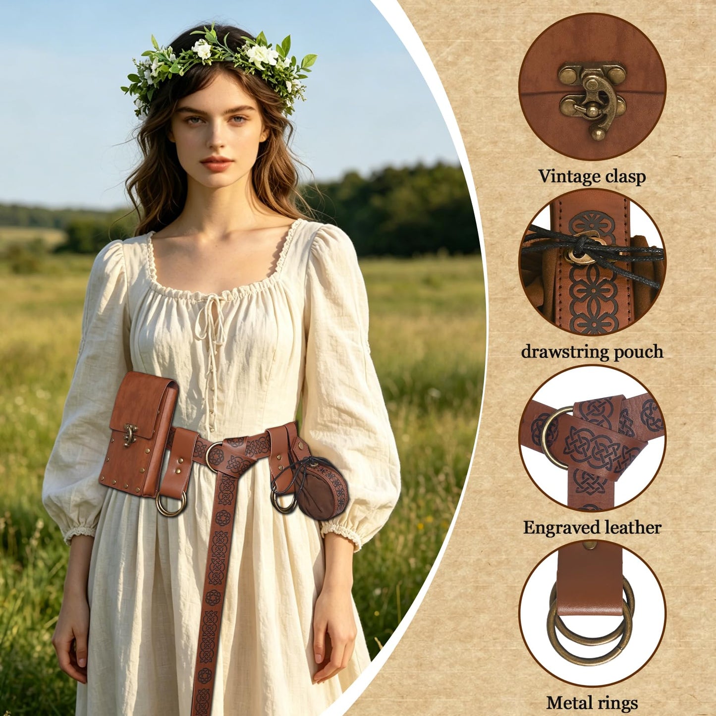Renaissance Belt Pouch Set, Medieval Accessories, Pirate Belt with Coin Purse & Floral Headpiece for Cosplay (Brown)