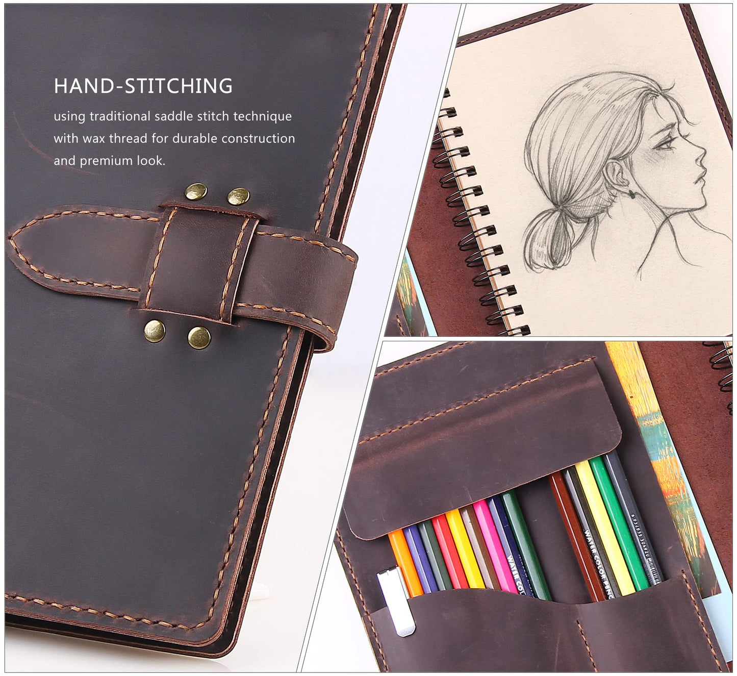 Robrasim Handmade Leather Sketchbook Cover, Leather Artist Sketch Pad Cover for 5.5" x 8.5" Sketchbook, Drawing Book and Pencil Case, Journal Notebook Portfolio, Artis Gifts-Coffee