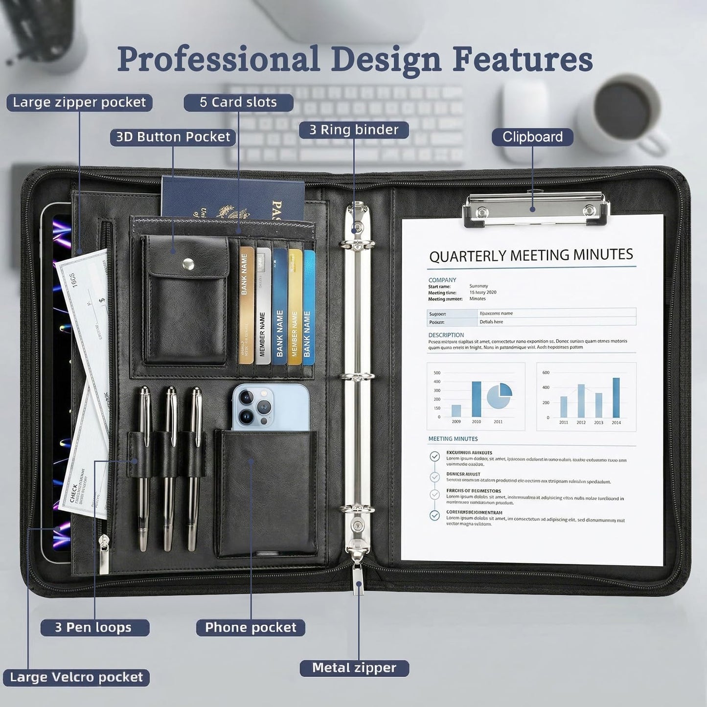 Zippered Padfolio with 3-Ring Binder & Clipboard, PU Leather Portfolio Organizer for Men Women, A4 Document Holder with Phone Pocket Pen Loops Card Slots, Professional Business Interview Folder Black