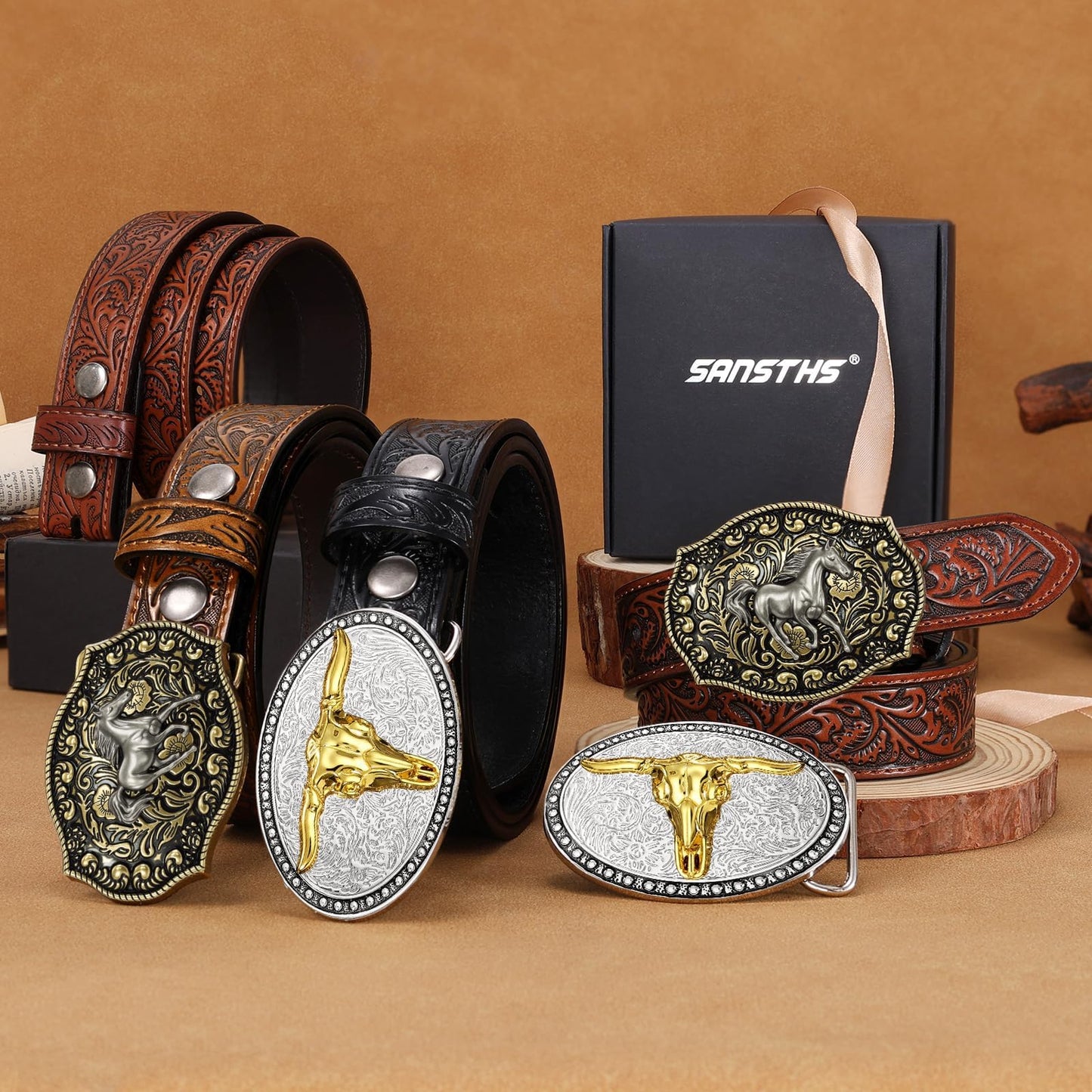SANSTHS Kids Western Belt for Boys Girls Genuine Leather Cowboy Cowgirl Belts with Detachable Buckle for Jeans Western Gifts, Slivery Horse Buckle/Brown Belt