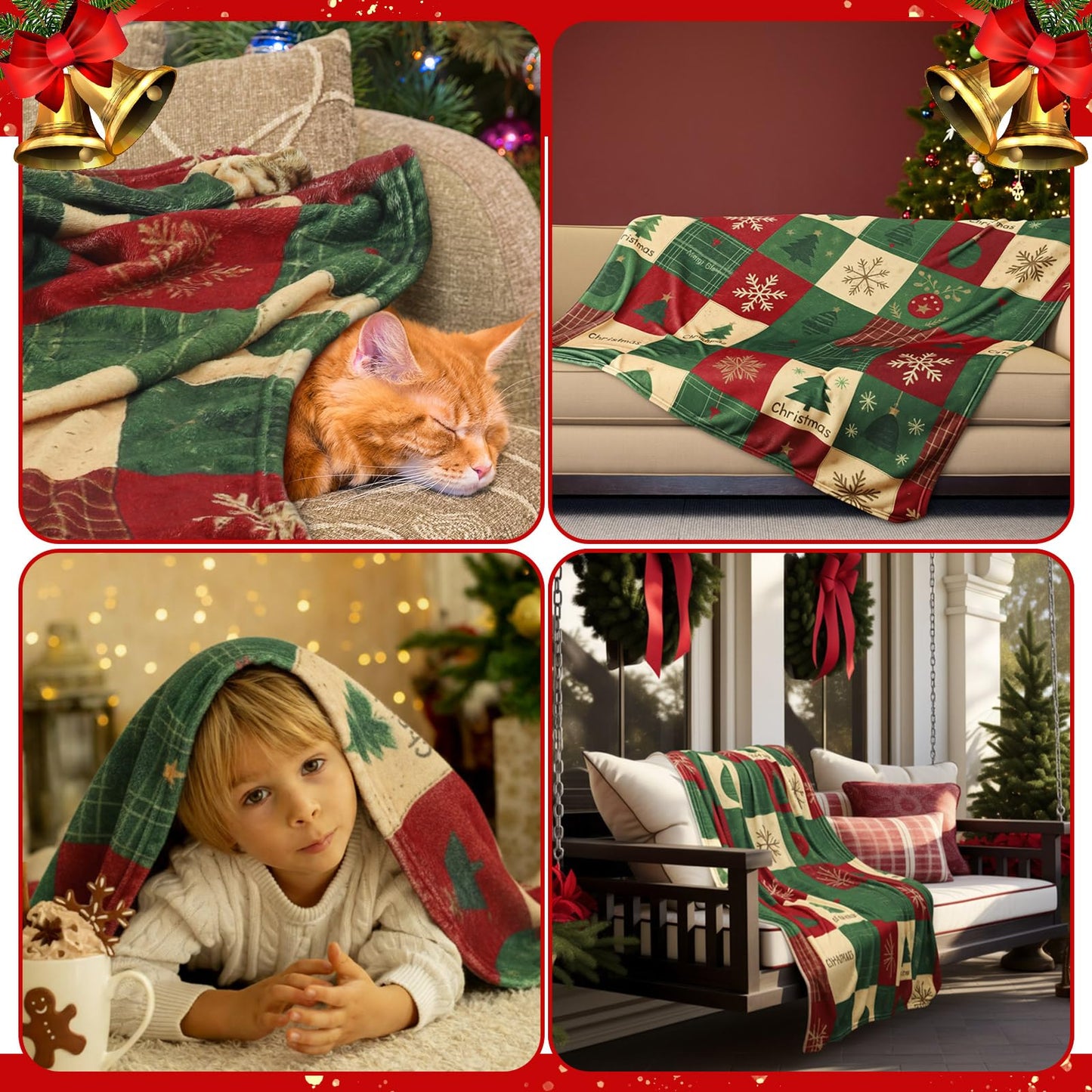 HunnmingRe Christmas Flannel Blanket Throw Red Green Checkered Blanket Christmas Tree Snowflake Soft Fuzzy Cozy Throw for Couch Bedroom Sofa Travel Bed Xmas Decor, 50 x 60 Inch